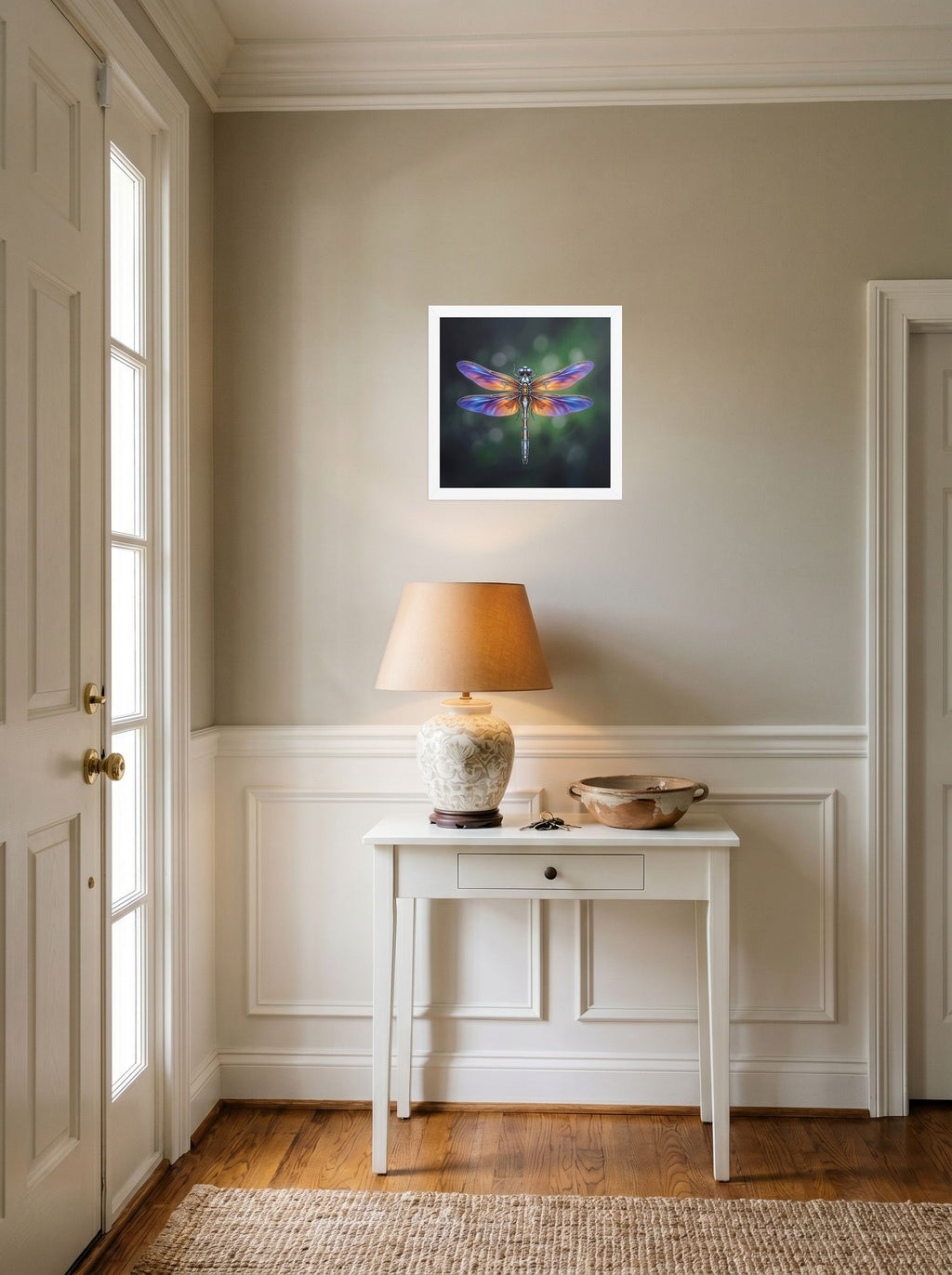 A 12x12 inch white framed Surrealism print of 'Gears of the Dragonfly' hanging in an entryway near a console.
