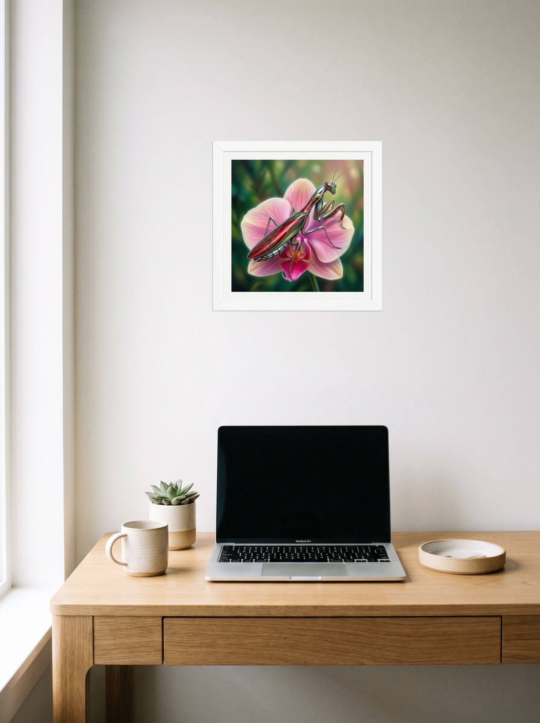 A 12x12 inch white framed Surrealism print of 'Chrome Mantis' hanging above a worktable with a laptop.