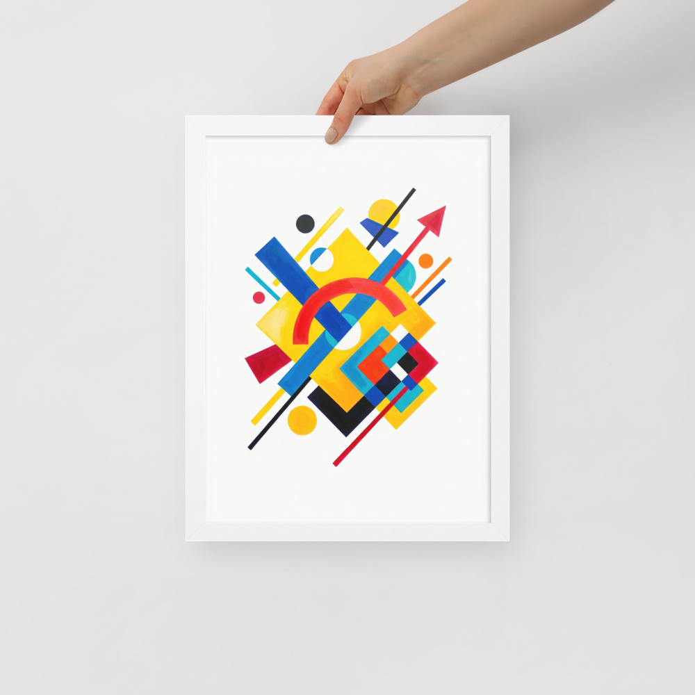 'Directional Energy' — a Suprematism print. A vivid abstract painting featuring overlapping geometric shapes like rectangles, circles, and an arrow in primary colors, a bold addition to a Living Room.
