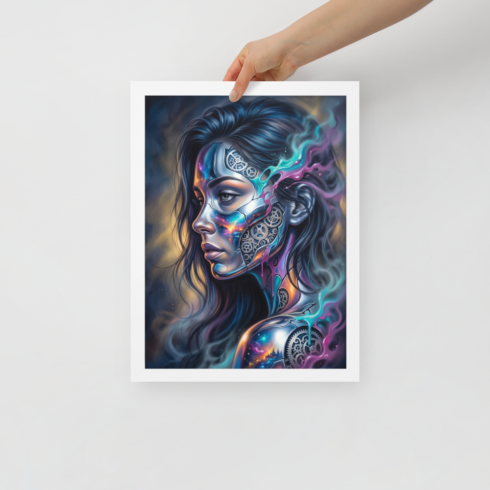 'Cosmic Clockwork' — a Surrealism print. A surreal cyberpunk portrait of a woman with gears and galaxies inside her face for a game room, framed by glowing teal and pink smoke.