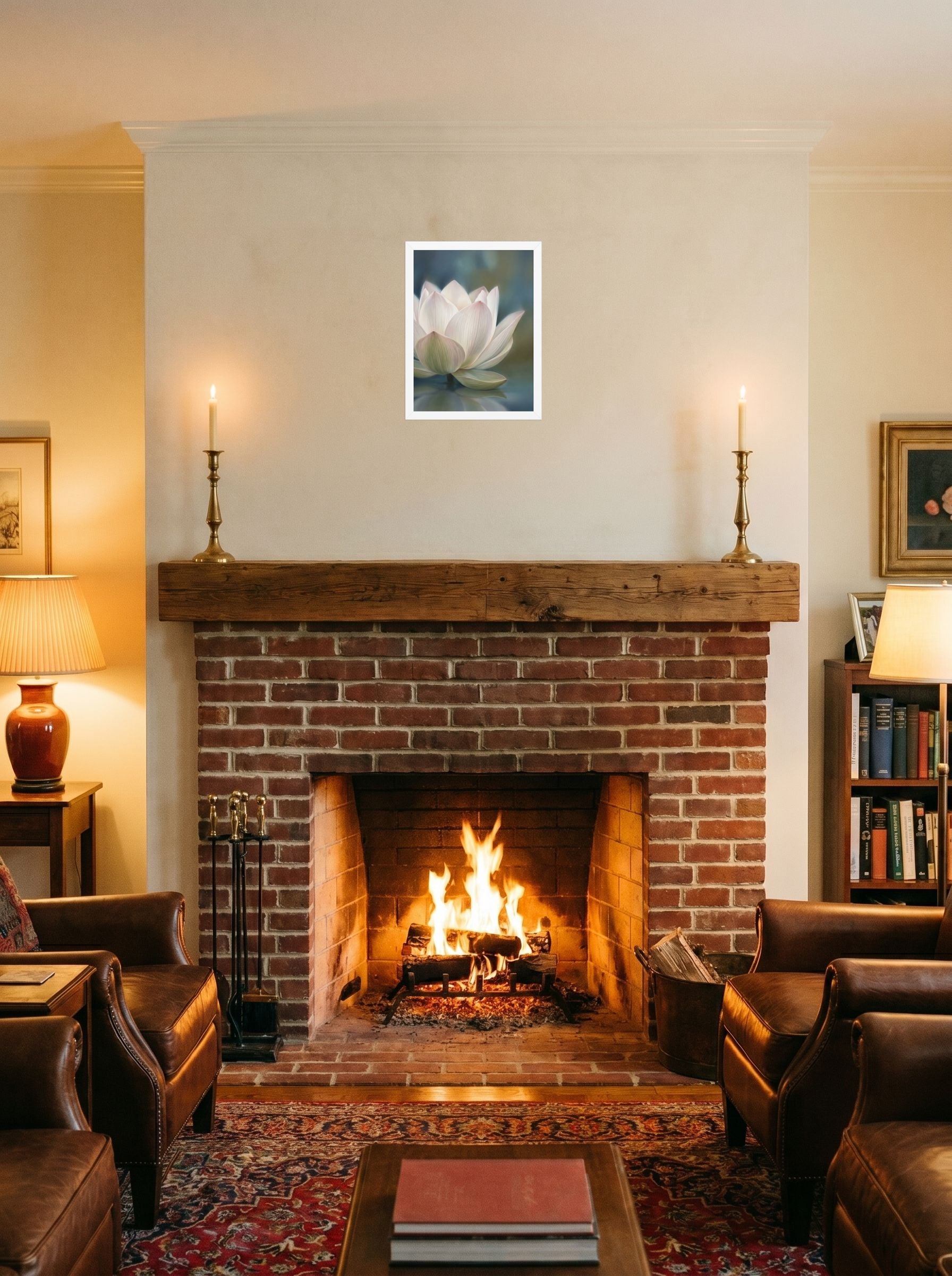A 12x16 inch white framed Realism print of 'Serene Lotus Reflection' displayed above a fireplace.