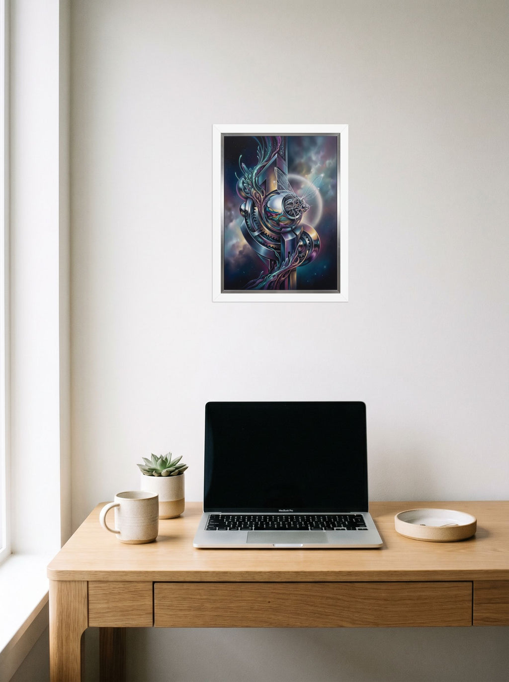 A 12x16 inch white framed Surrealism print of 'The Clockwork Aviator' hanging above a worktable with a laptop.