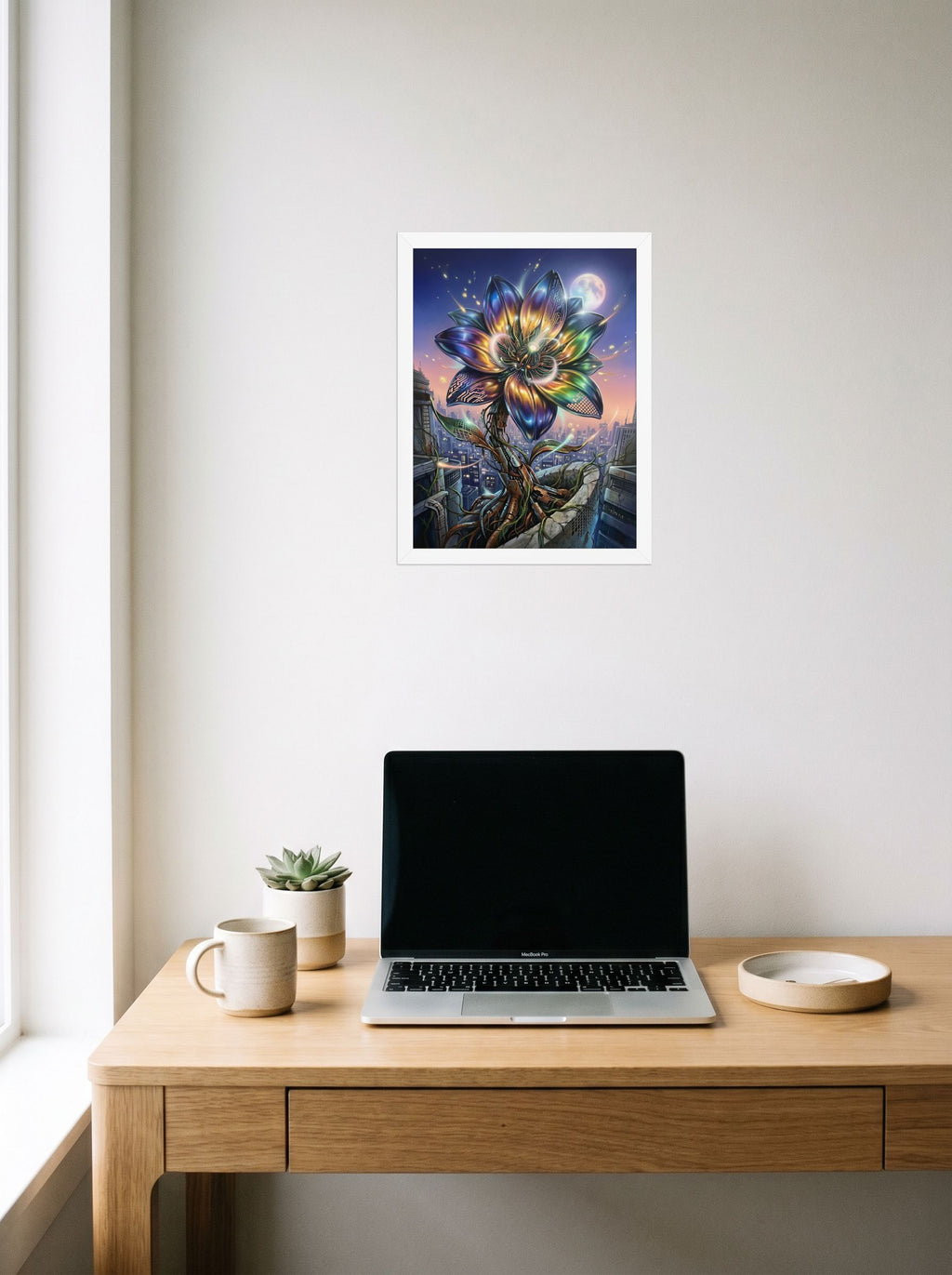 A 12x16 inch white framed Digital art print of 'Cybernetic Bloom' hanging above a worktable with a laptop.