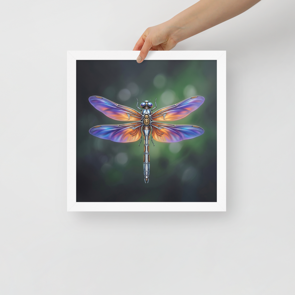 'Gears of the Dragonfly' — a Surrealism print. A highly detailed mechanical dragonfly with glowing purple and orange wings and brass gears on its back, set against a dark green background, perfect for a Living Room.