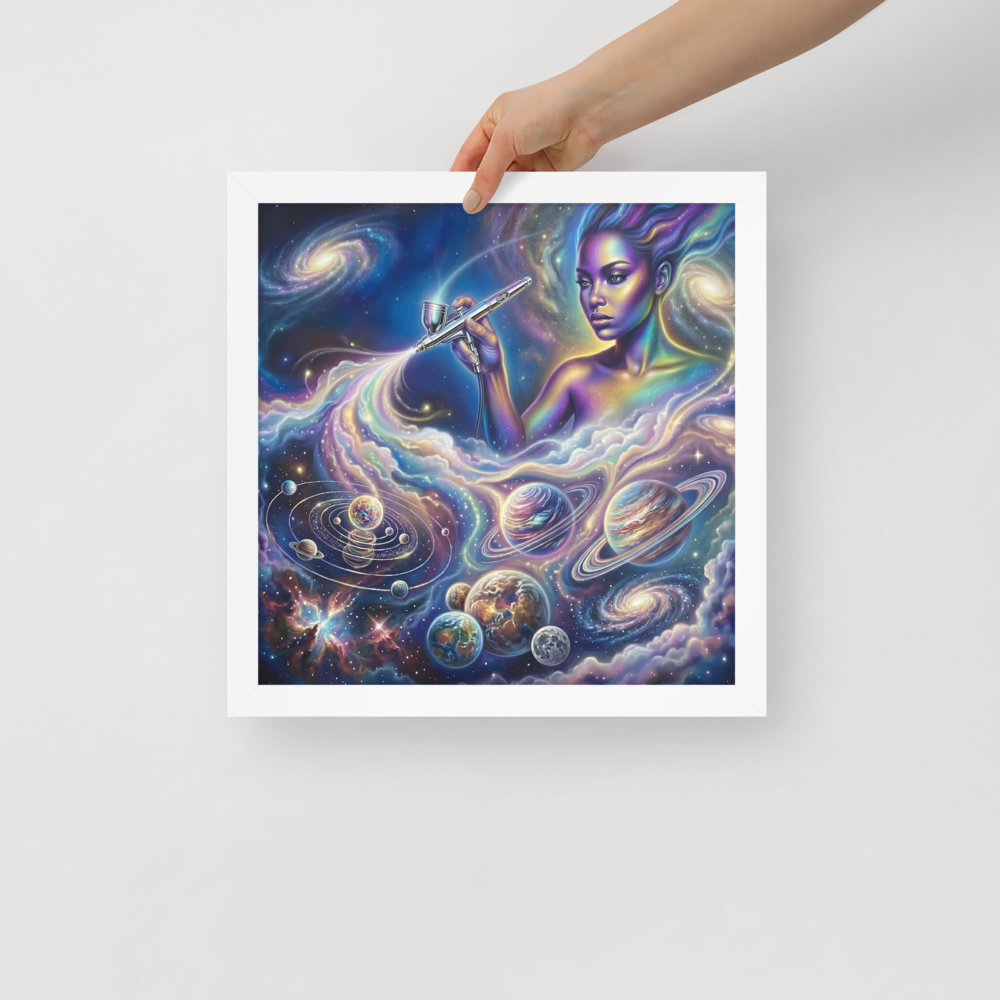 'The Cosmic Painter' — a Space art print. A glowing, ethereal woman painting planets and galaxies into a vibrant cosmic sky using an airbrush, a stunning focal point for a Bedroom.