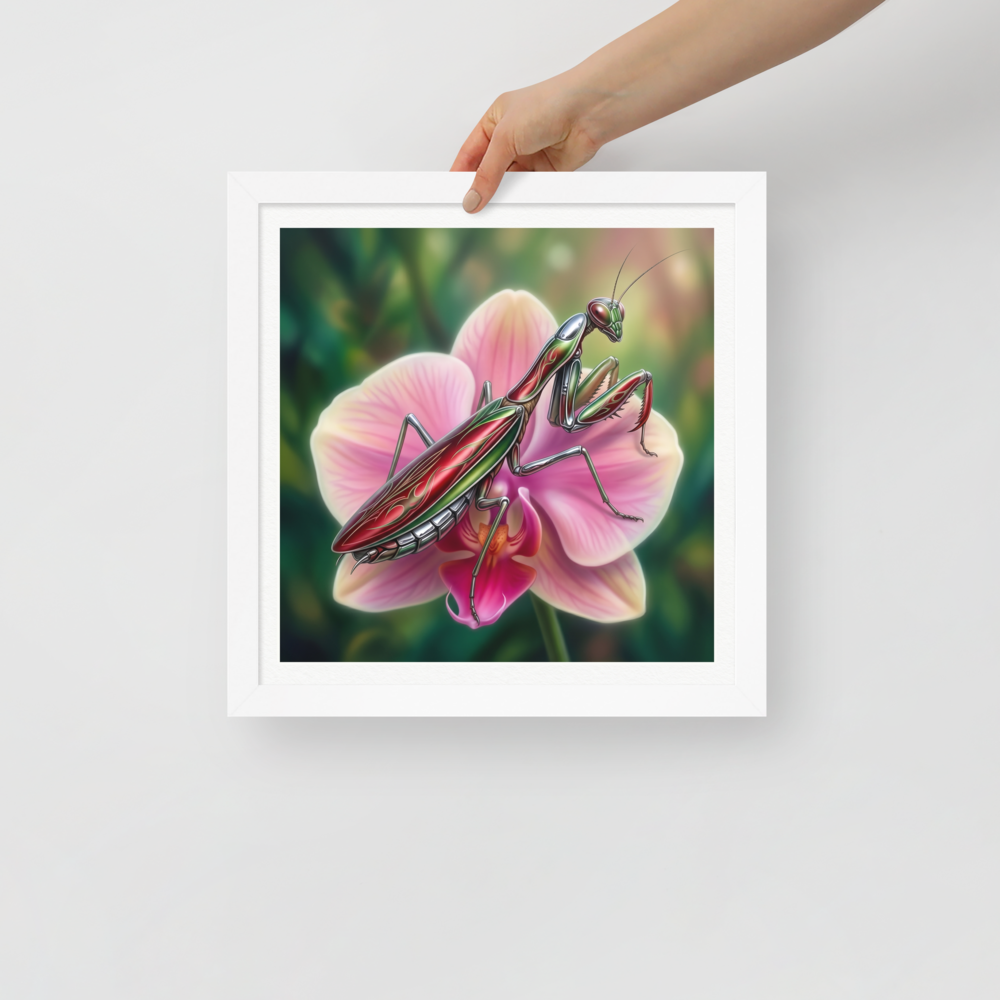 'Chrome Mantis' — a Surrealism print. A vibrant illustration of a metallic praying mantis painted like a hot rod in cherry red and chrome sitting on a pink orchid, perfect for a studio.