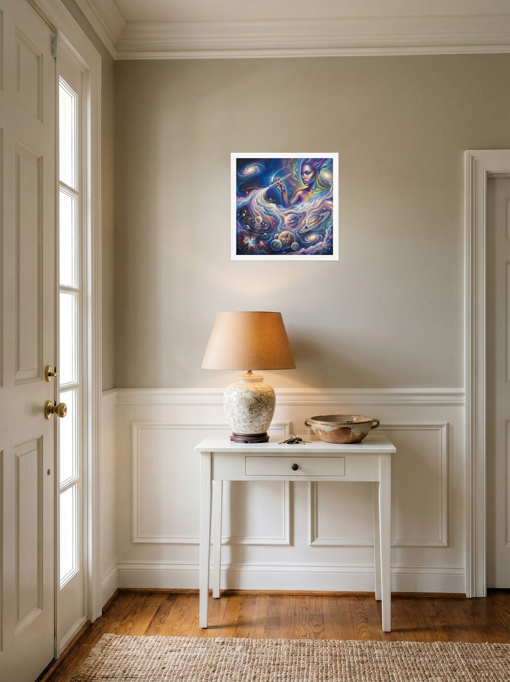 A 14x14 inch white framed Space art print of 'The Cosmic Painter' hanging in an entryway near a console.