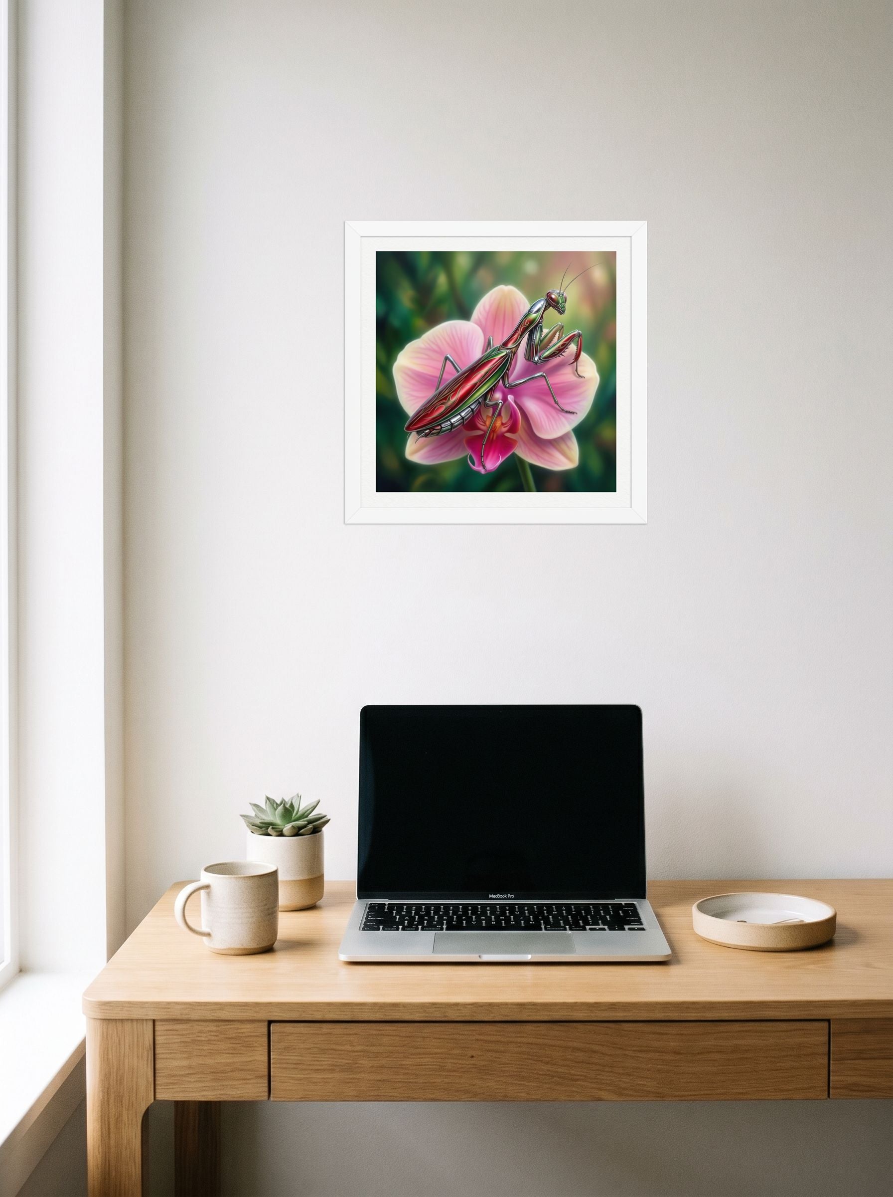 A 14x14 inch white framed Surrealism print of 'Chrome Mantis' hanging above a worktable with a laptop.