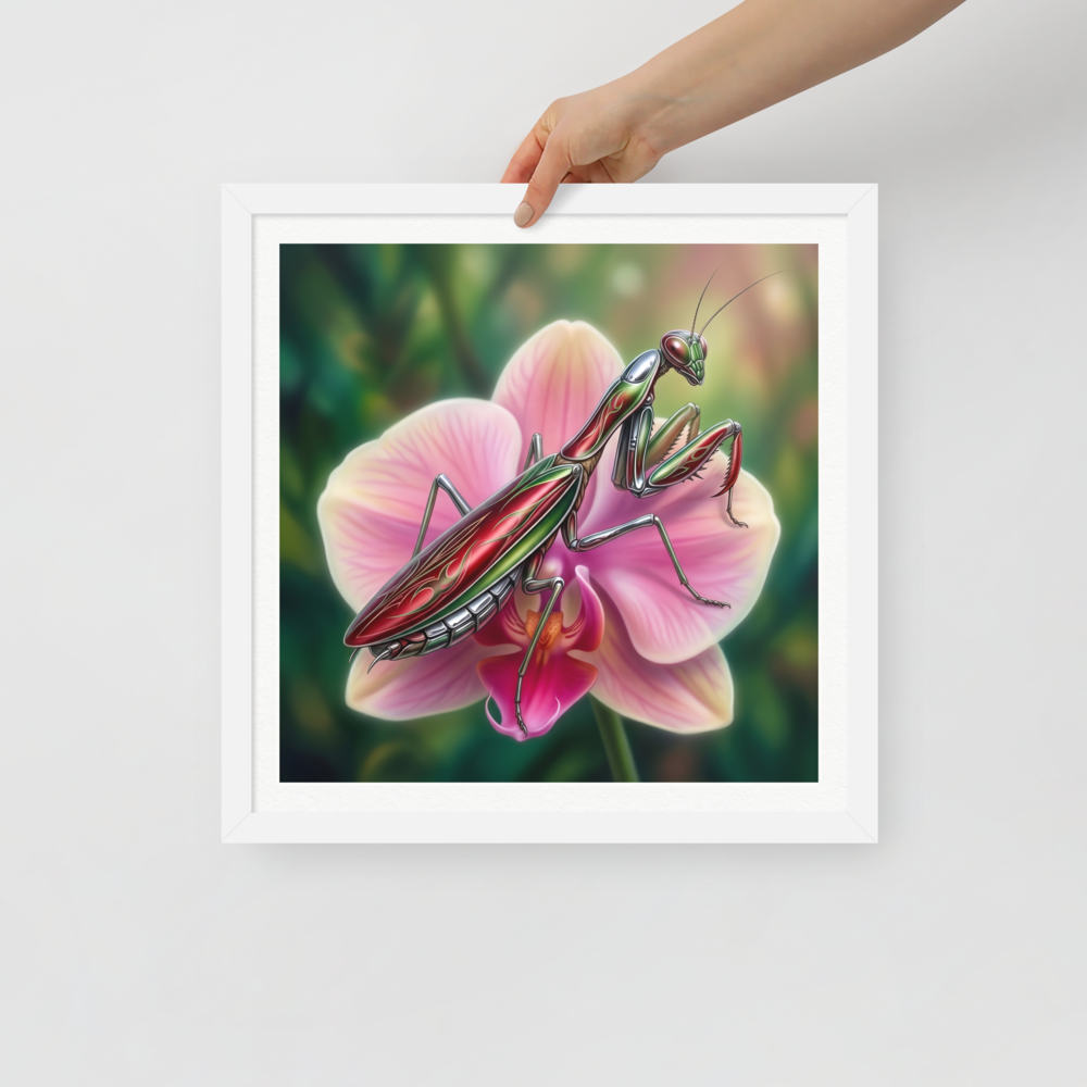 'Chrome Mantis' — a Surrealism print. A vibrant illustration of a metallic praying mantis painted like a hot rod in cherry red and chrome sitting on a pink orchid, perfect for a studio.