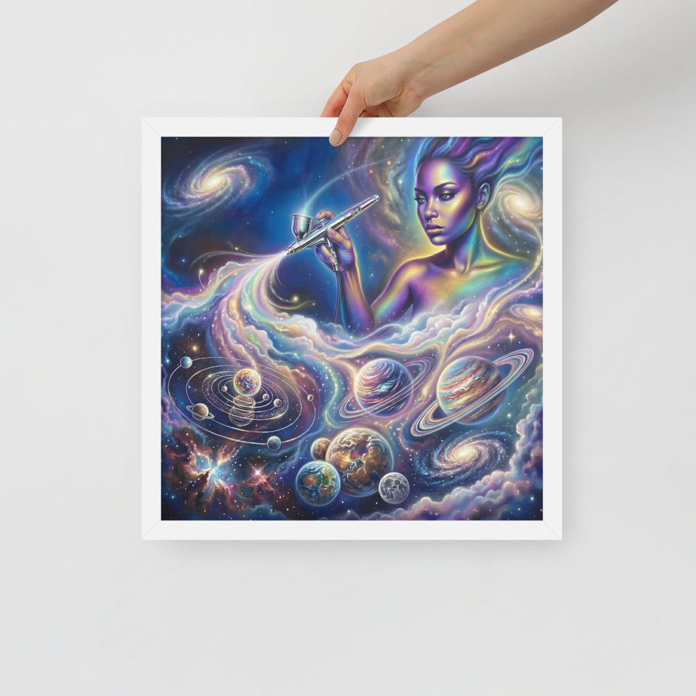 'The Cosmic Painter' — a Space art print. A glowing, ethereal woman painting planets and galaxies into a vibrant cosmic sky using an airbrush, a stunning focal point for a Bedroom.