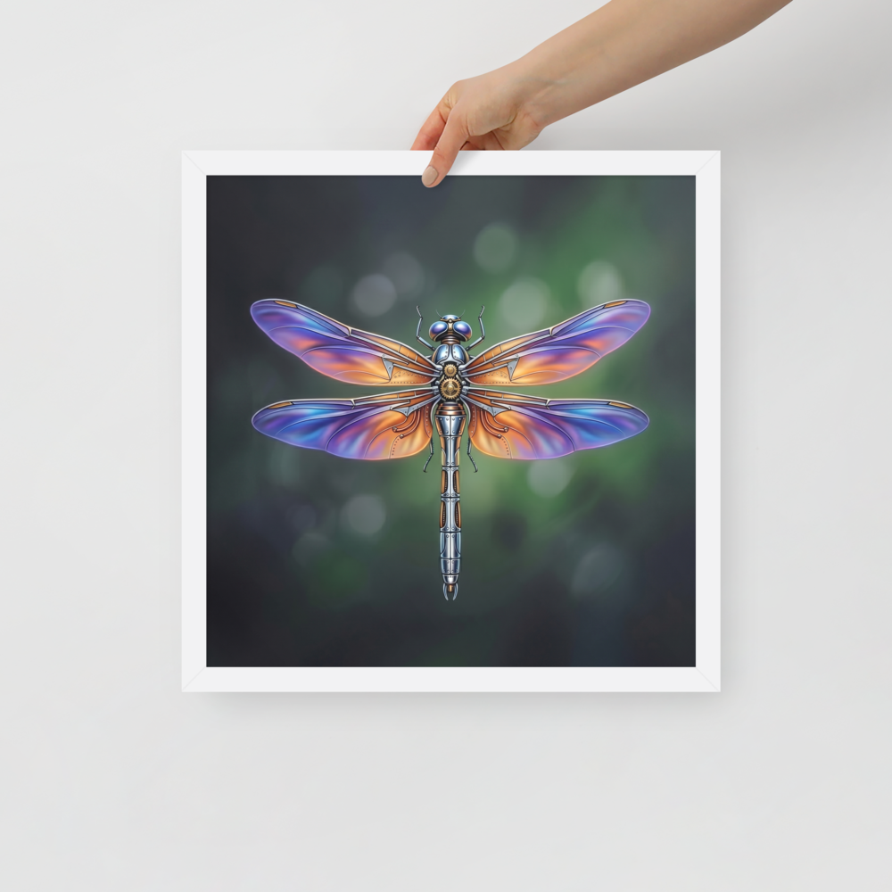 'Gears of the Dragonfly' — a Surrealism print. A highly detailed mechanical dragonfly with glowing purple and orange wings and brass gears on its back, set against a dark green background, perfect for a Living Room.