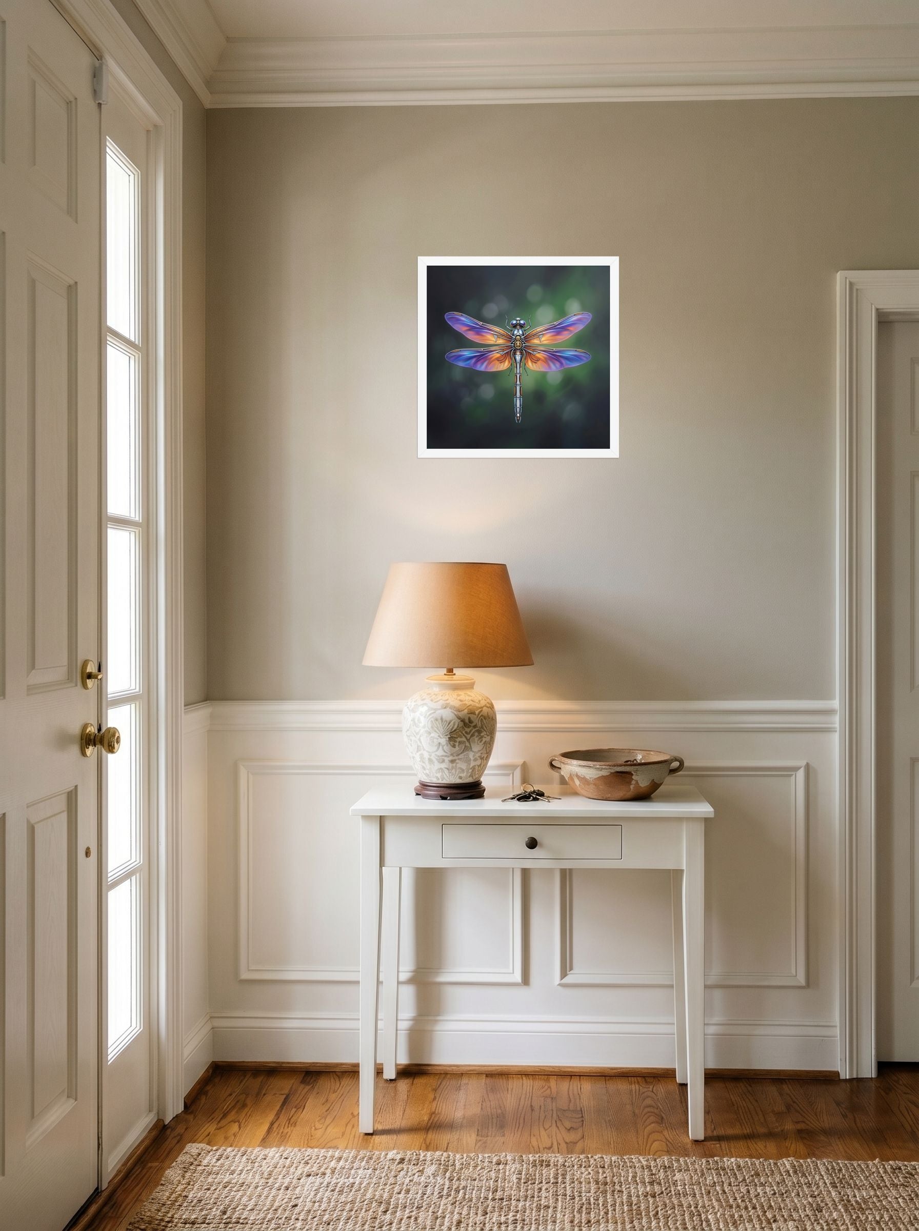 A 16x16 inch white framed Surrealism print of 'Gears of the Dragonfly' hanging in an entryway near a console.