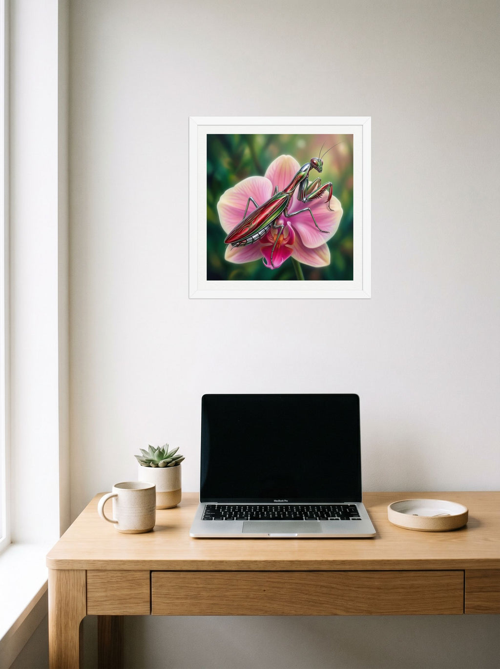 A 16x16 inch white framed Surrealism print of 'Chrome Mantis' hanging above a worktable with a laptop.