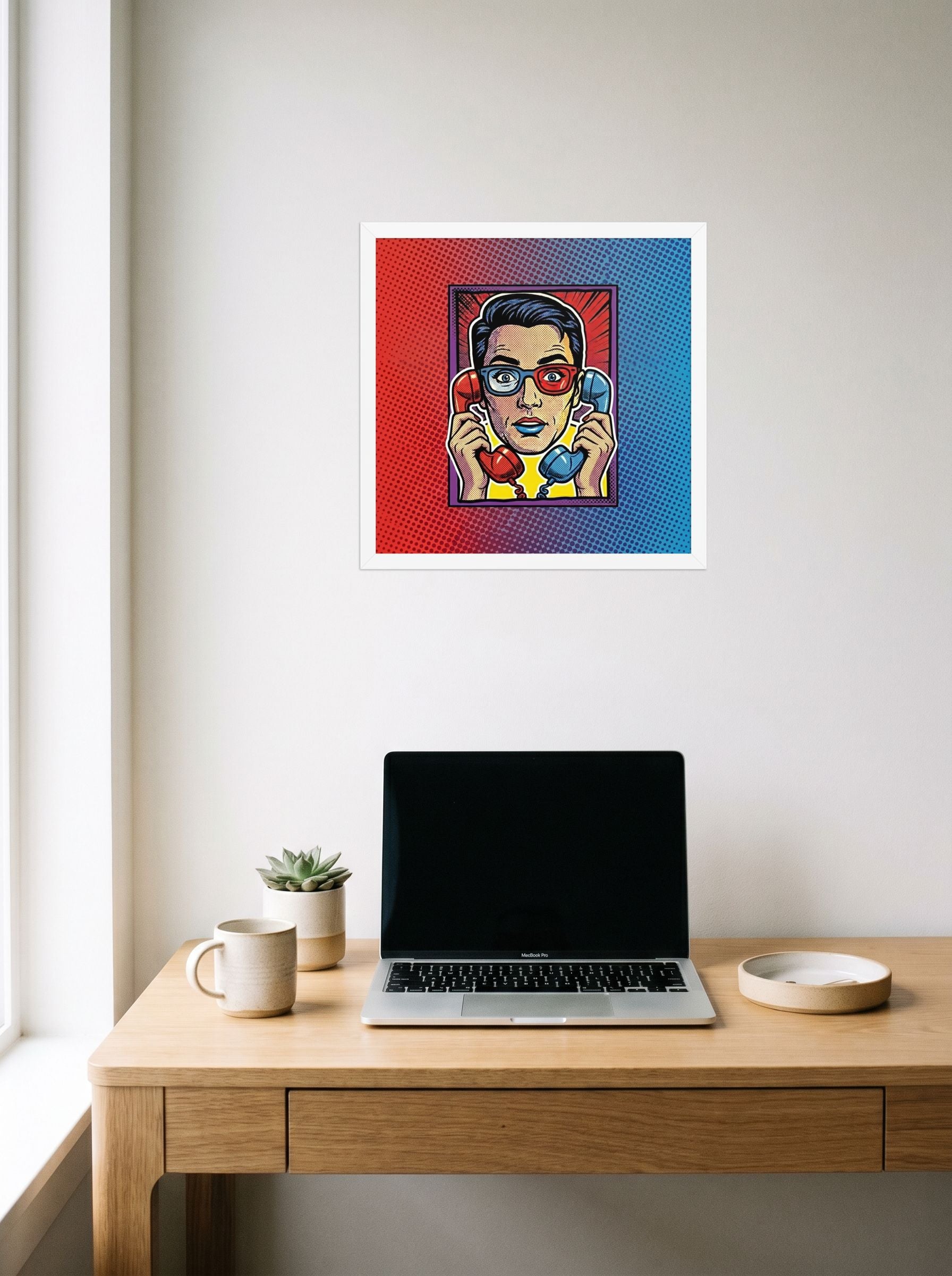 A 16x16 inch white framed Pop art print of 'Bipartisan Static' hanging above a worktable with a laptop.