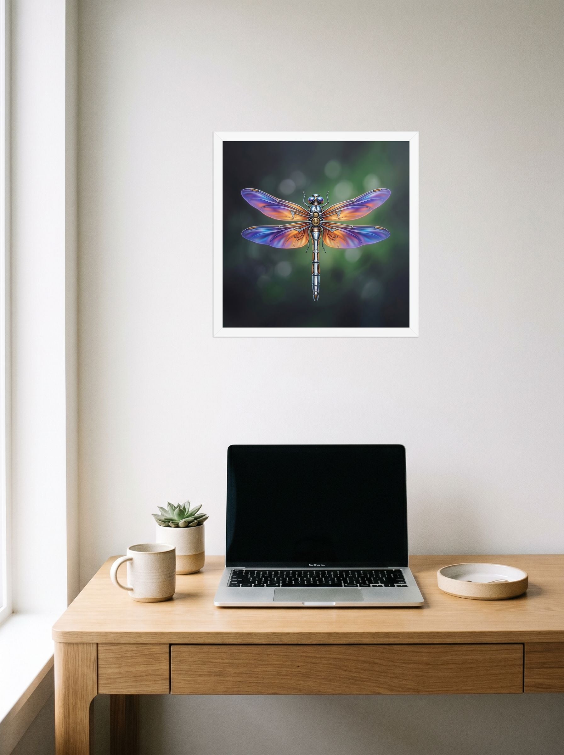 A 16x16 inch white framed Surrealism print of 'Gears of the Dragonfly' hanging above a worktable with a laptop.