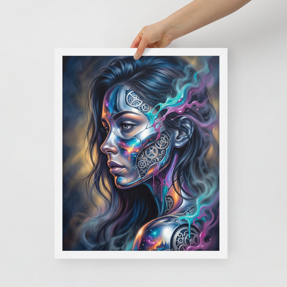 'Cosmic Clockwork' — a Surrealism print. A surreal cyberpunk portrait of a woman with gears and galaxies inside her face for a game room, framed by glowing teal and pink smoke.