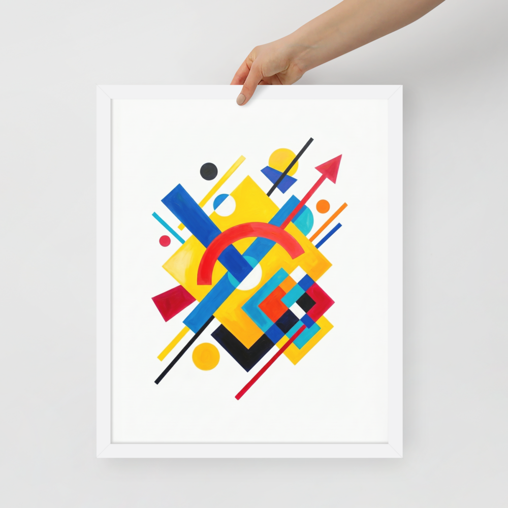 'Directional Energy' — a Suprematism print. A vivid abstract painting featuring overlapping geometric shapes like rectangles, circles, and an arrow in primary colors, a bold addition to a Living Room.