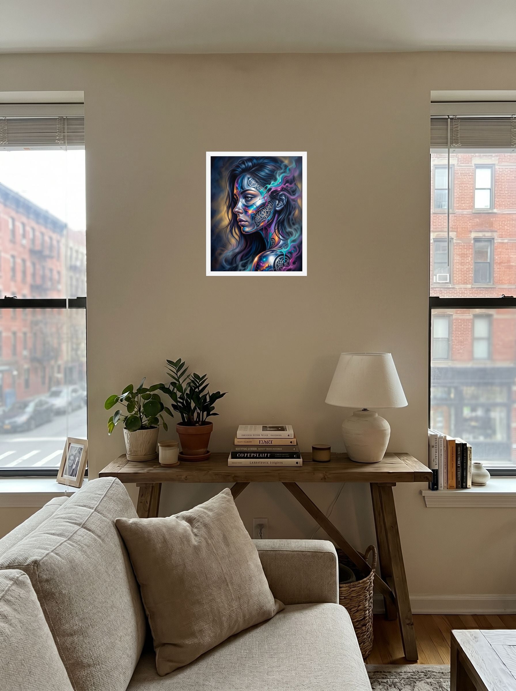 A 16x20 inch white framed Surrealism print of 'Cosmic Clockwork' displayed in the center of a living room.