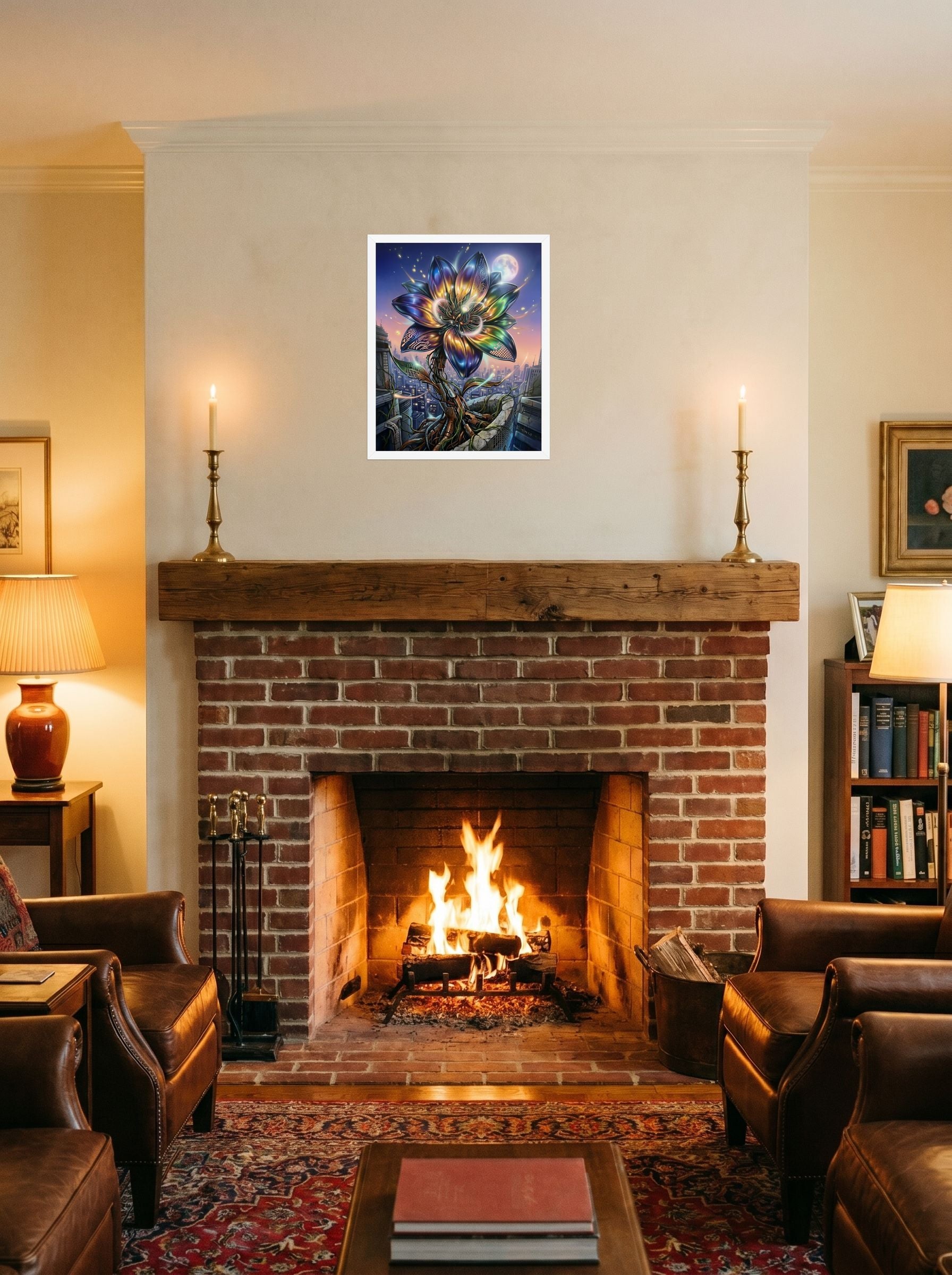 A 16x20 inch white framed Digital art print of 'Cybernetic Bloom' displayed above a fireplace.