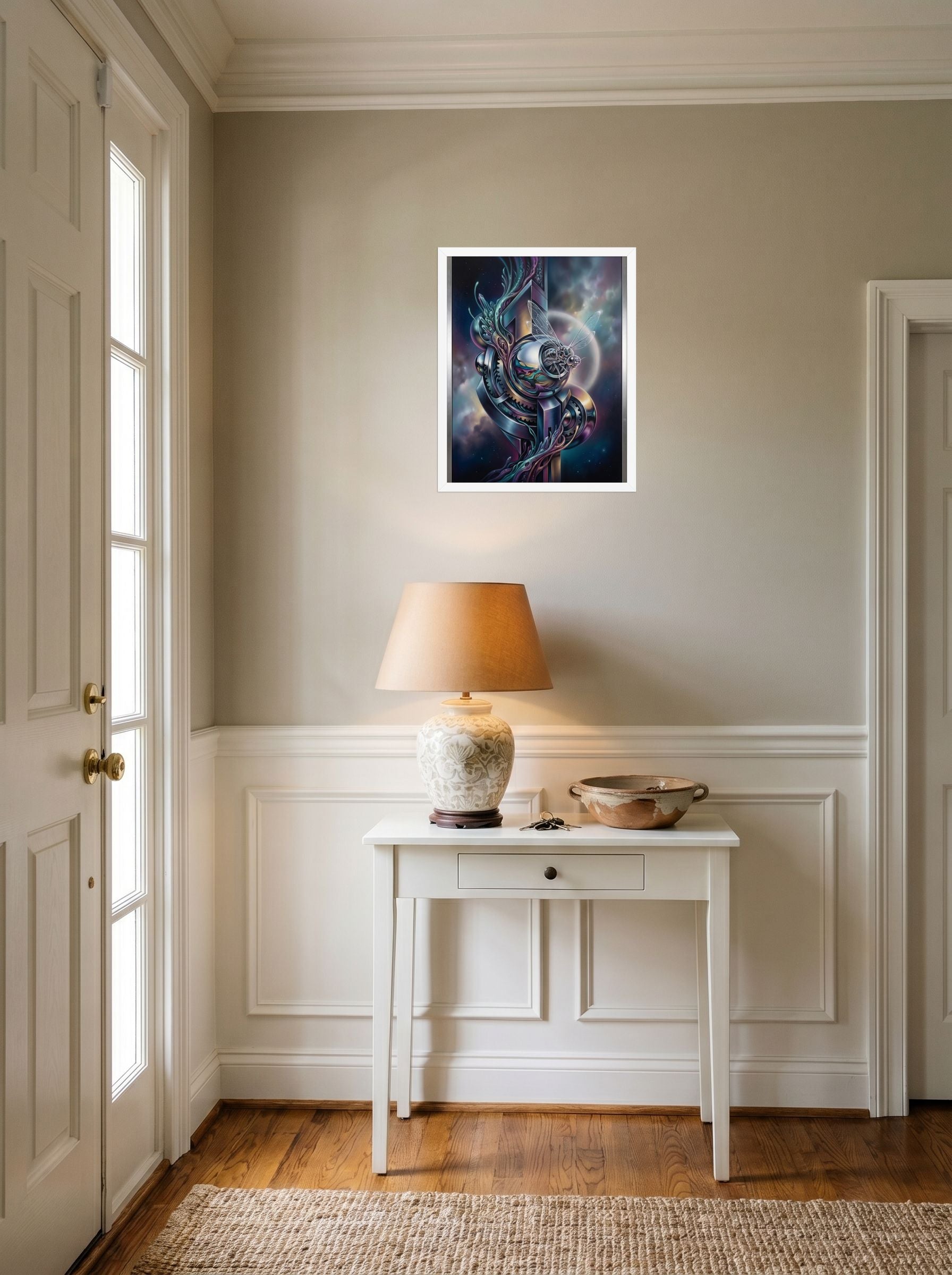A 16x20 inch white framed Surrealism print of 'The Clockwork Aviator' hanging in an entryway near a console.