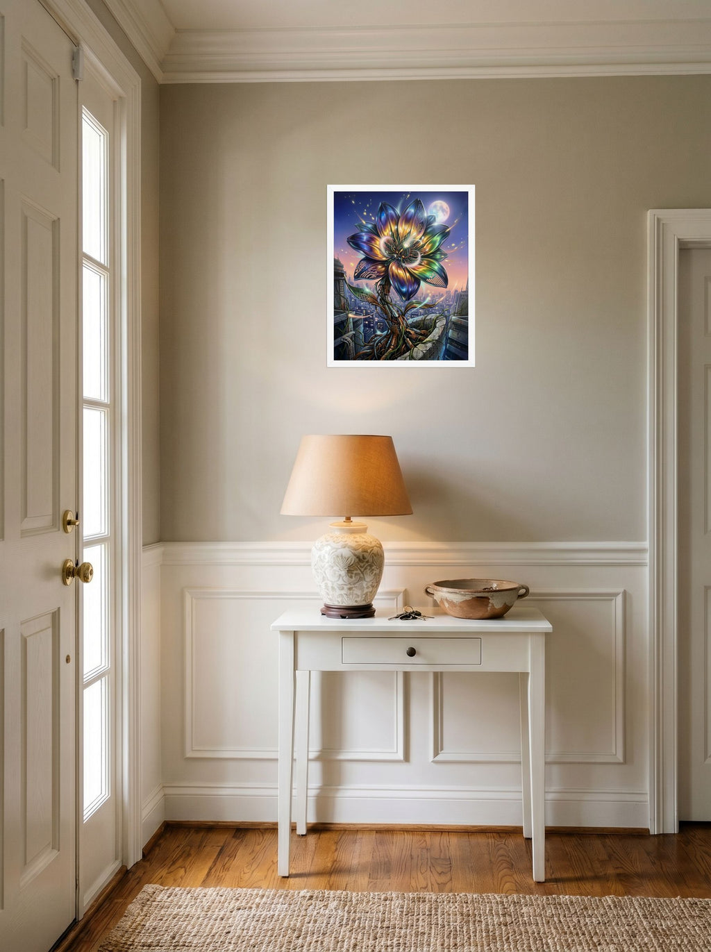 A 16x20 inch white framed Digital art print of 'Cybernetic Bloom' hanging in an entryway near a console.