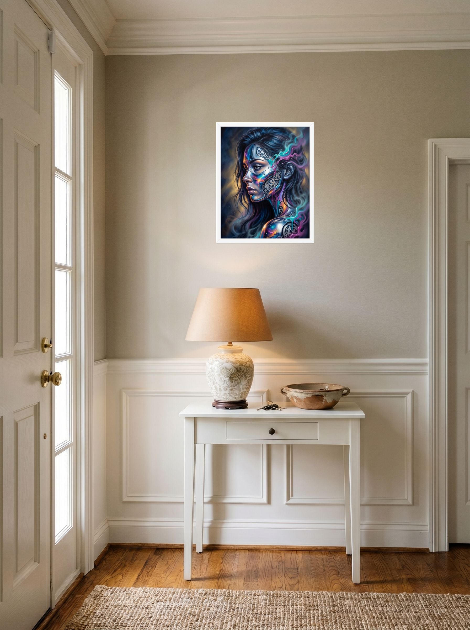 A 16x20 inch white framed Surrealism print of 'Cosmic Clockwork' hanging in an entryway near a console.