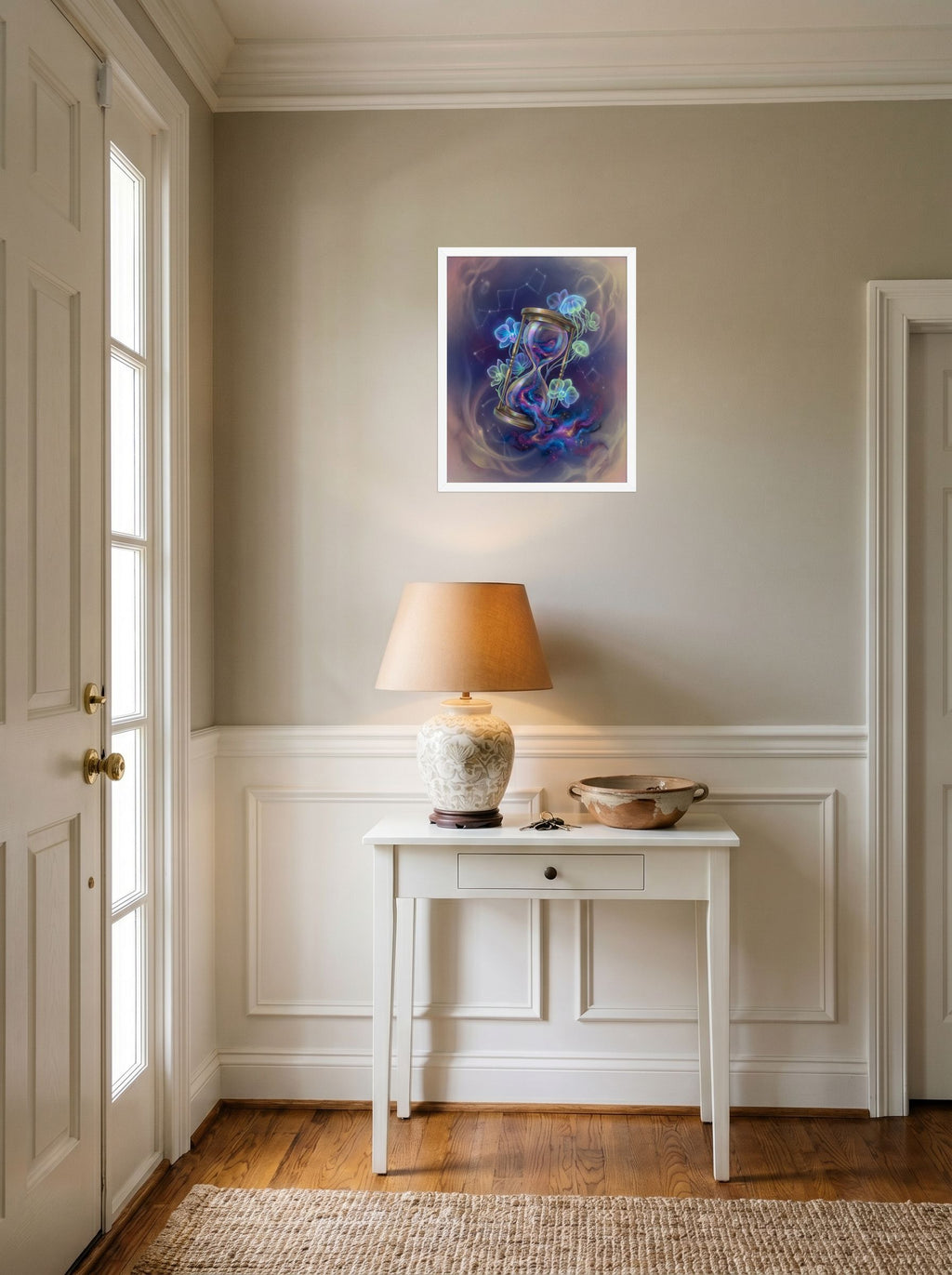 A 16x20 inch white framed Magic realism print of 'Sands of the Nebula' hanging in an entryway near a console.