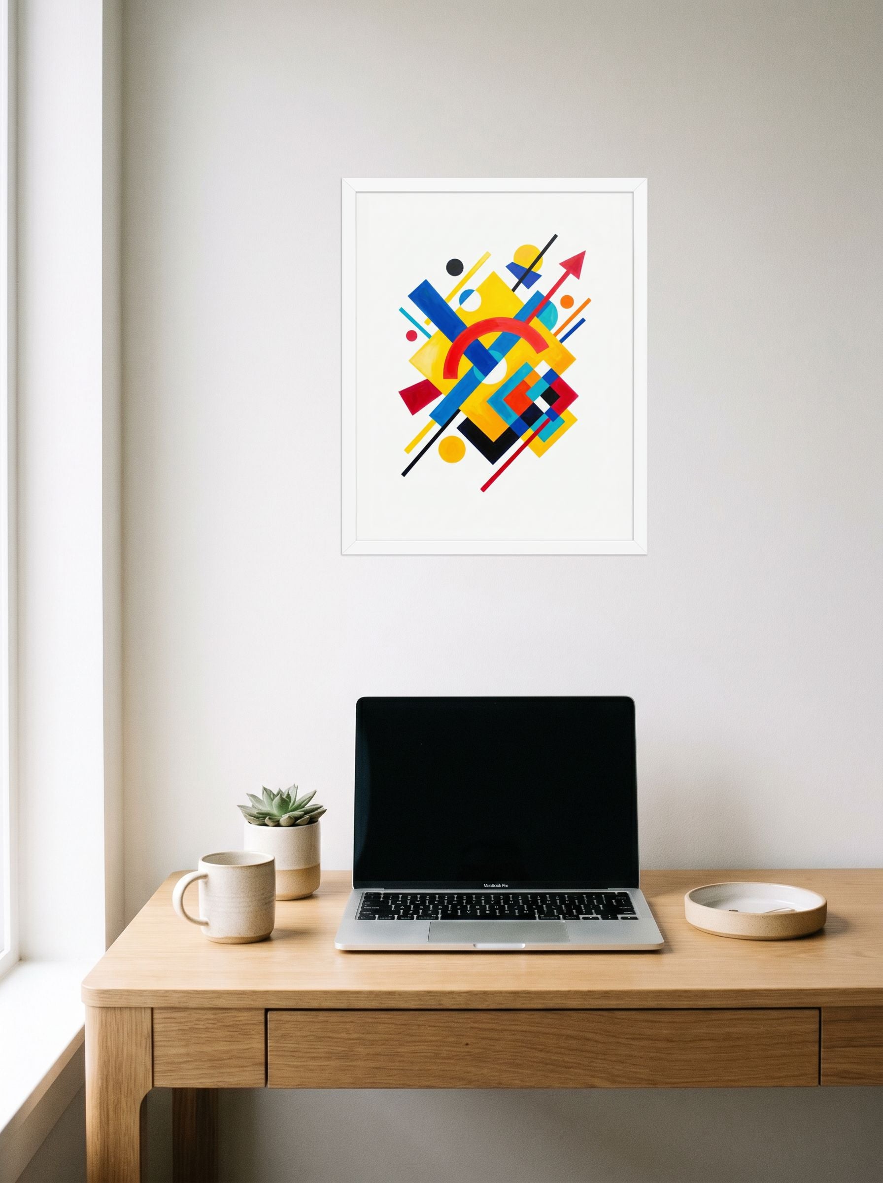 A 16x20 inch white framed Suprematism print of 'Directional Energy' hanging above a worktable with a laptop.