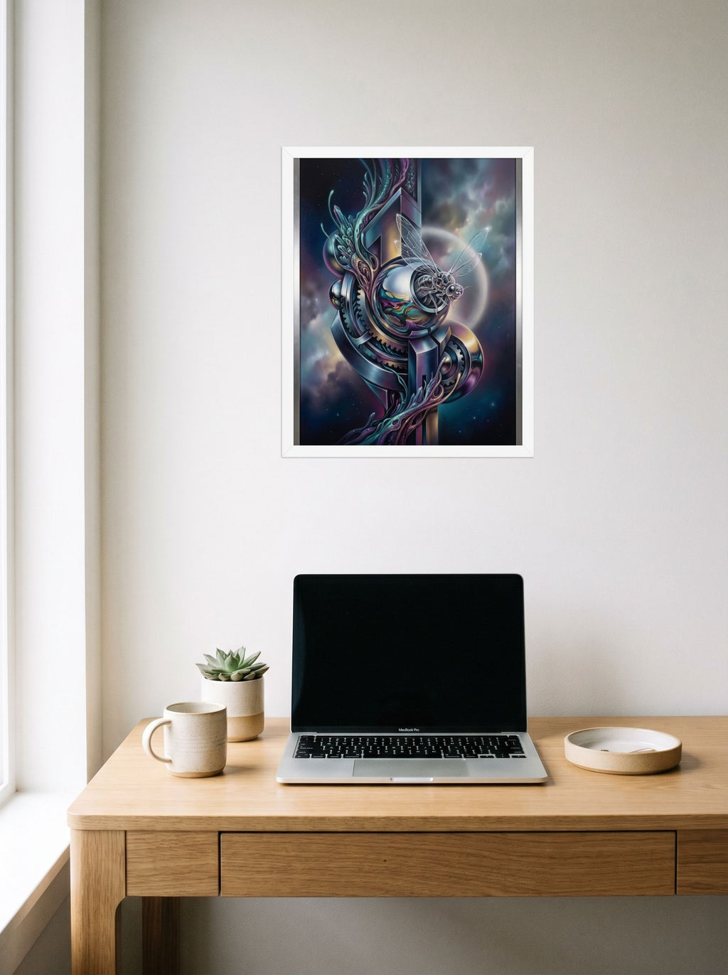 A 16x20 inch white framed Surrealism print of 'The Clockwork Aviator' hanging above a worktable with a laptop.
