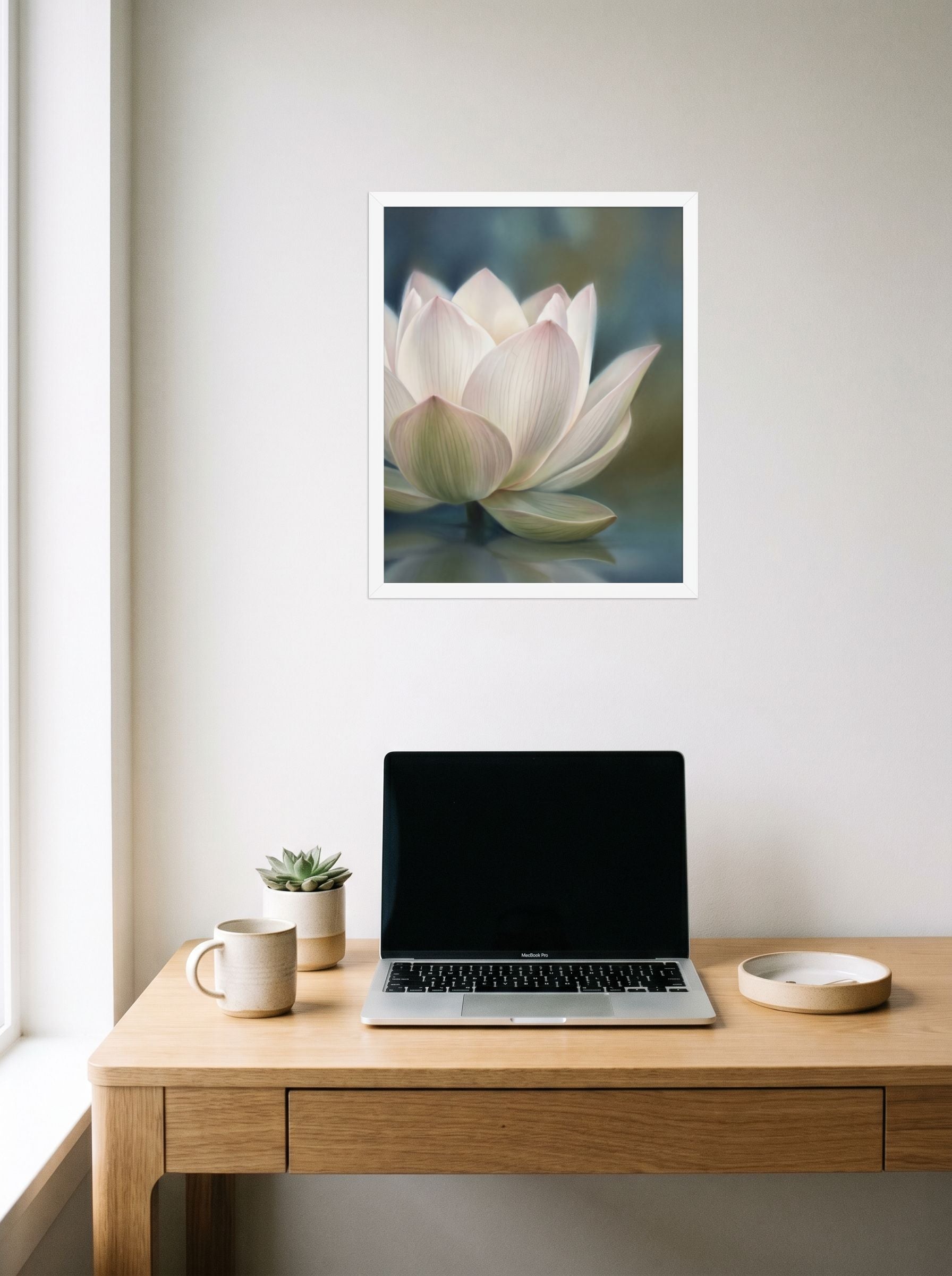 A 16x20 inch white framed Realism print of 'Serene Lotus Reflection' hanging above a worktable with a laptop.