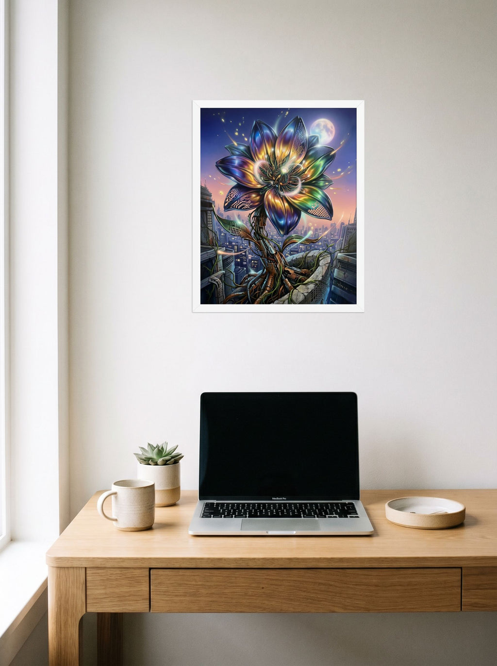 A 16x20 inch white framed Digital art print of 'Cybernetic Bloom' hanging above a worktable with a laptop.