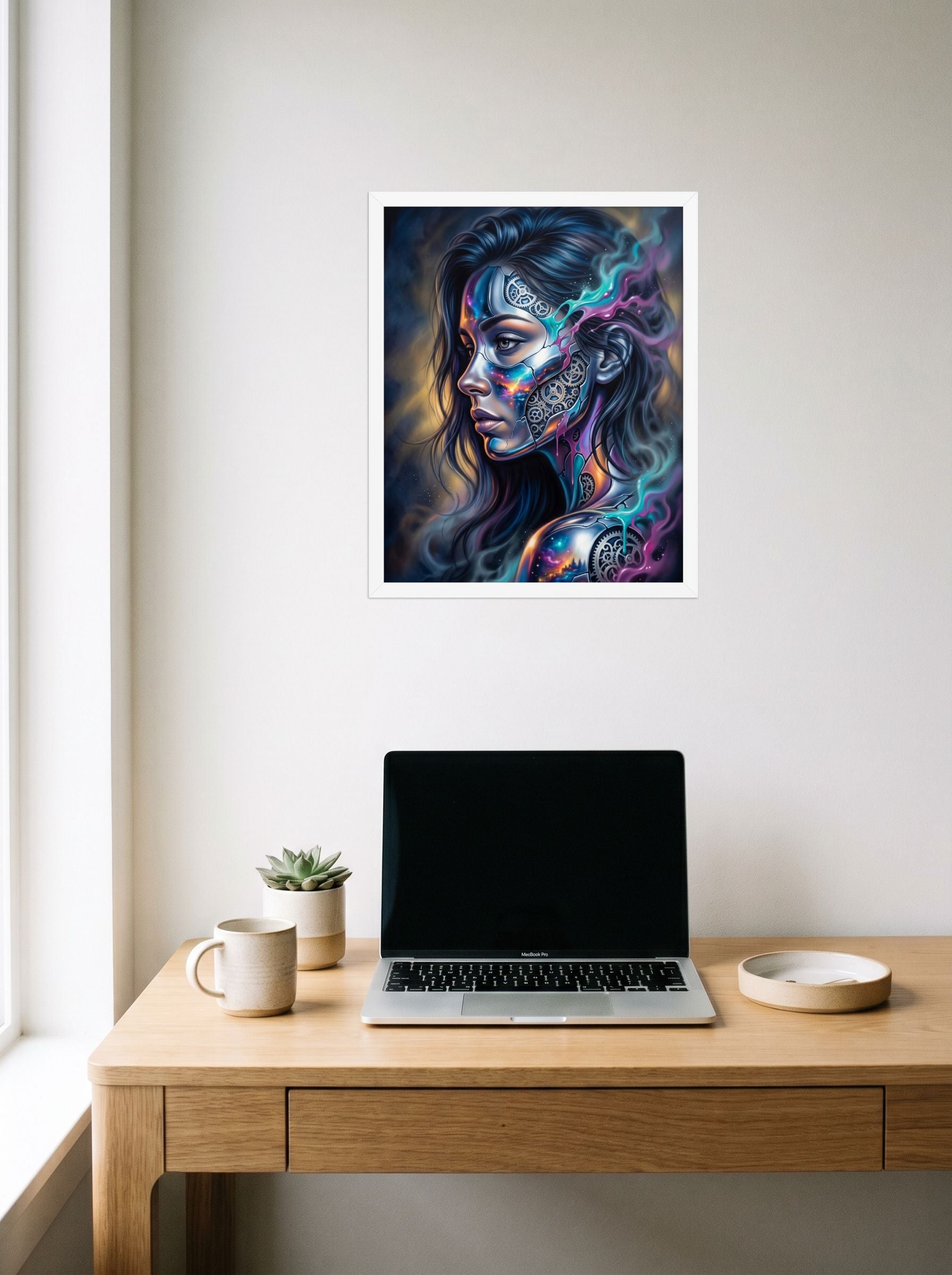 A 16x20 inch white framed Surrealism print of 'Cosmic Clockwork' hanging above a worktable with a laptop.
