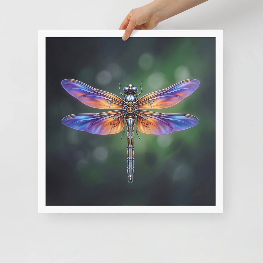 'Gears of the Dragonfly' — a Surrealism print. A highly detailed mechanical dragonfly with glowing purple and orange wings and brass gears on its back, set against a dark green background, perfect for a Living Room.
