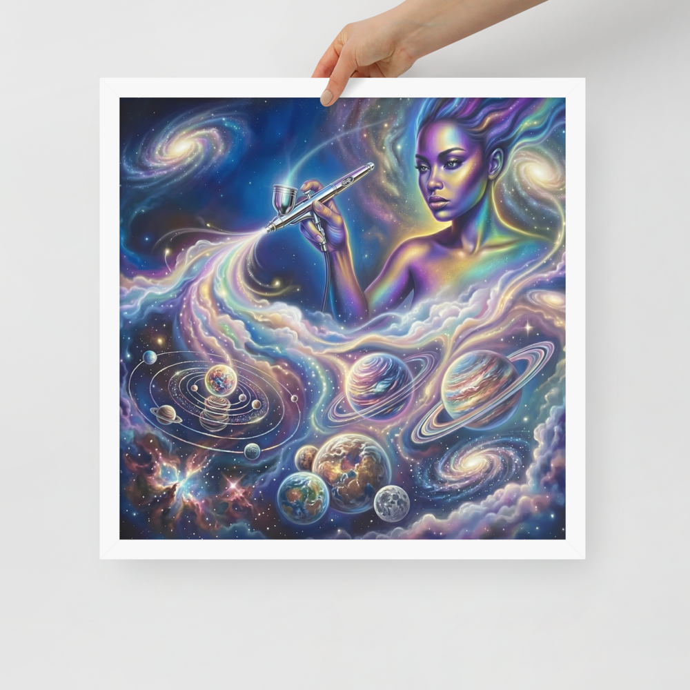 'The Cosmic Painter' — a Space art print. A glowing, ethereal woman painting planets and galaxies into a vibrant cosmic sky using an airbrush, a stunning focal point for a Bedroom.