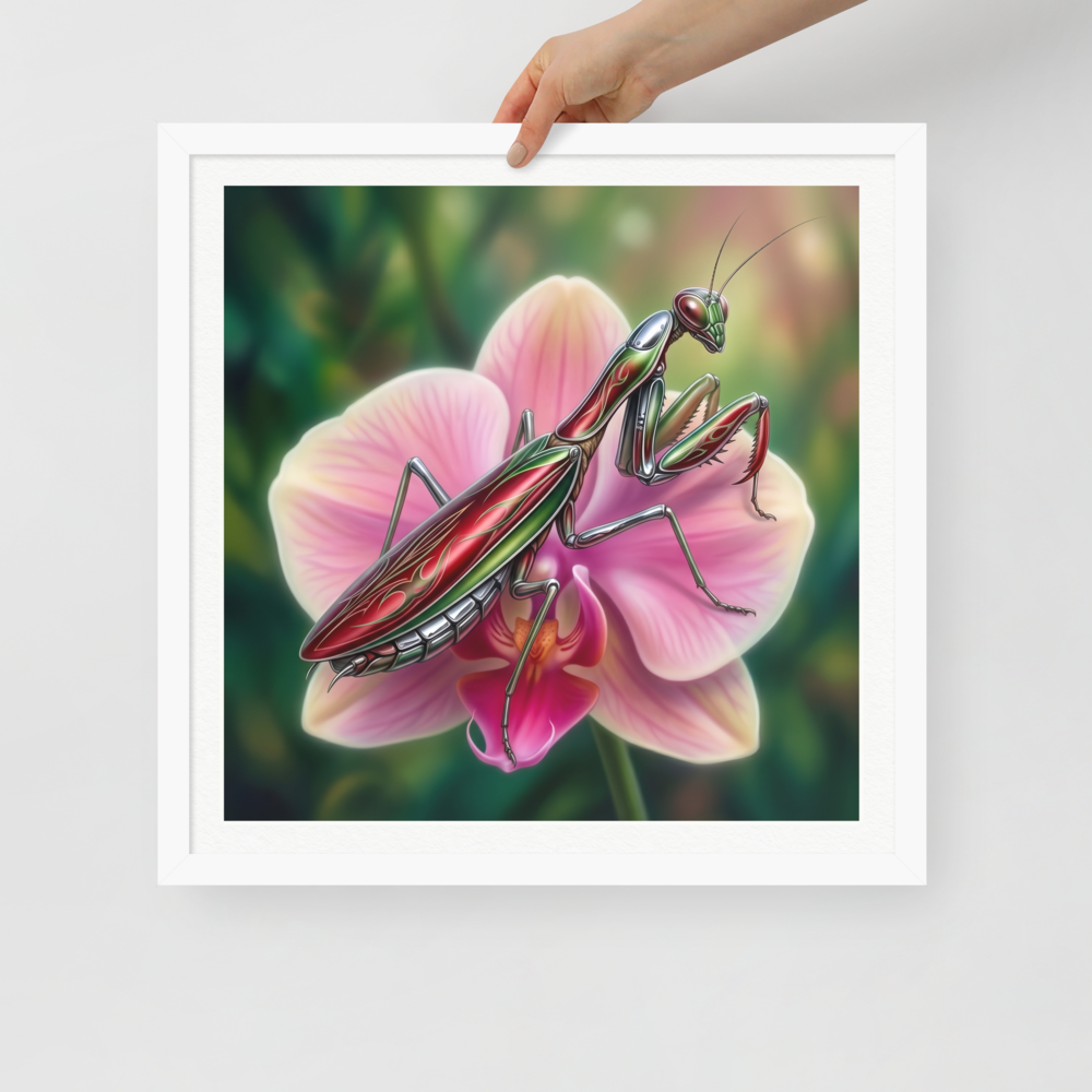 'Chrome Mantis' — a Surrealism print. A vibrant illustration of a metallic praying mantis painted like a hot rod in cherry red and chrome sitting on a pink orchid, perfect for a studio.