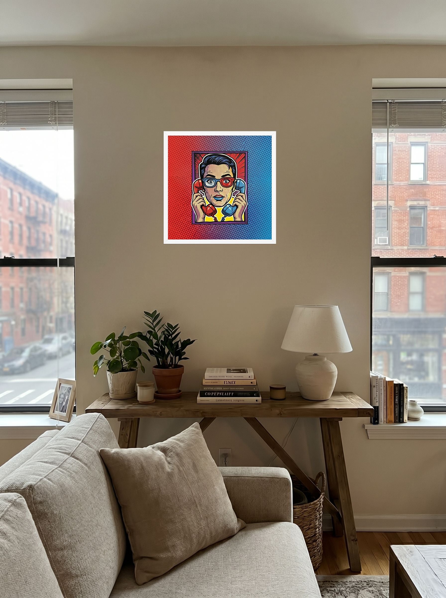 A 18x18 inch white framed Pop art print of 'Bipartisan Static' displayed in the center of a living room.
