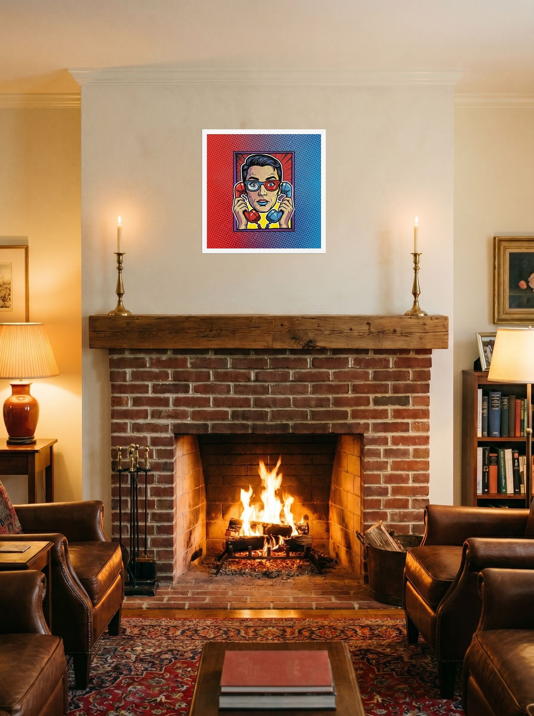 A 18x18 inch white framed Pop art print of 'Bipartisan Static' displayed above a fireplace.