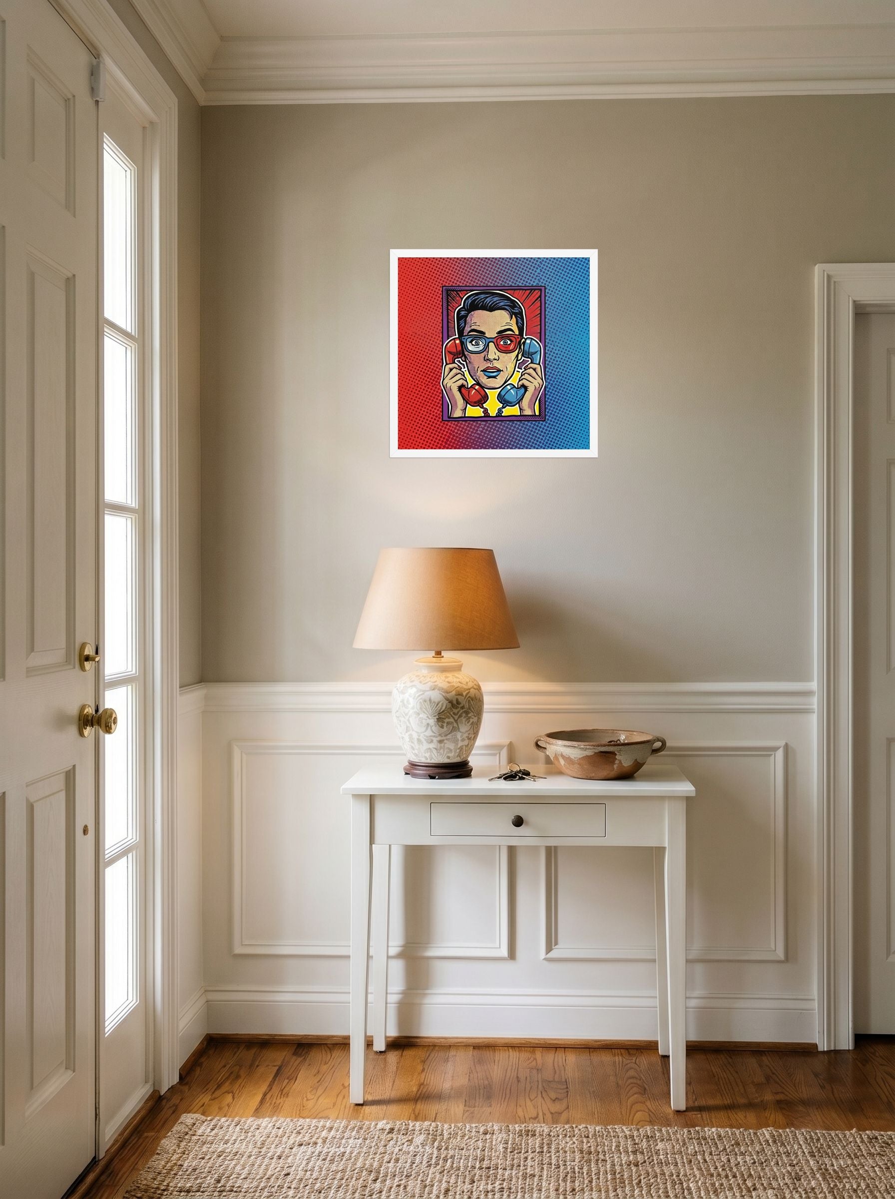 A 18x18 inch white framed Pop art print of 'Bipartisan Static' hanging in an entryway near a console.