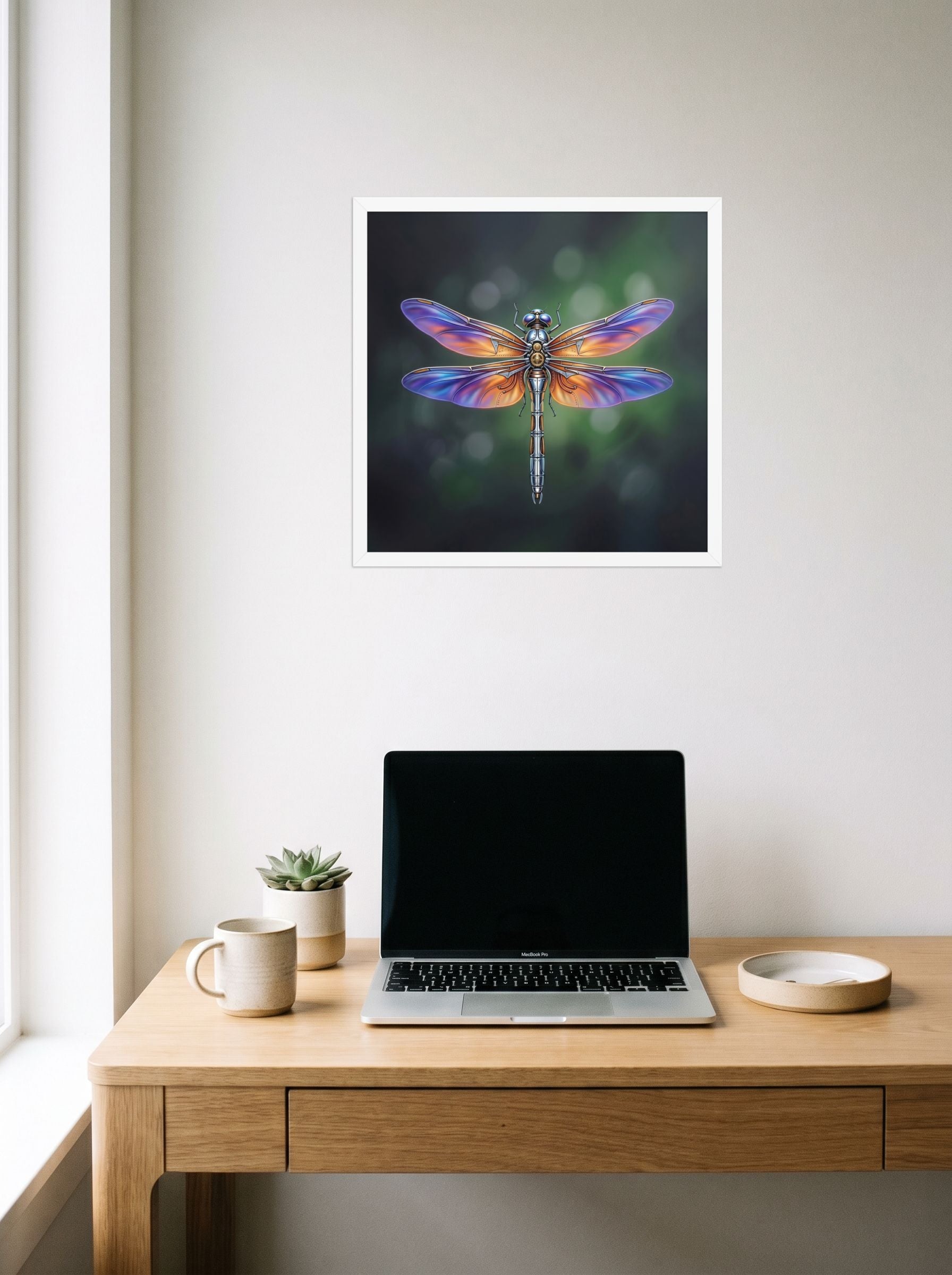 A 18x18 inch white framed Surrealism print of 'Gears of the Dragonfly' hanging above a worktable with a laptop.