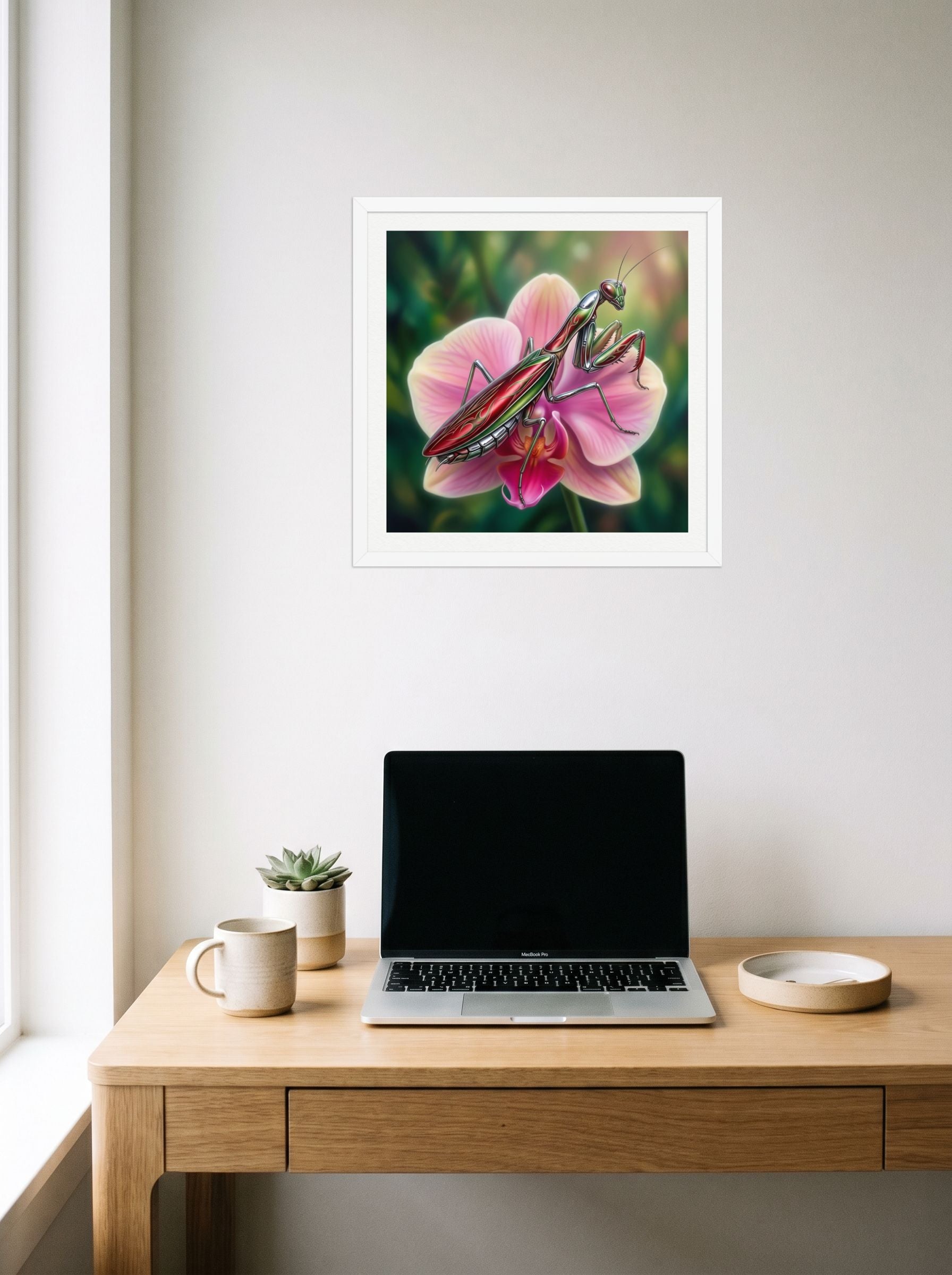 A 18x18 inch white framed Surrealism print of 'Chrome Mantis' hanging above a worktable with a laptop.