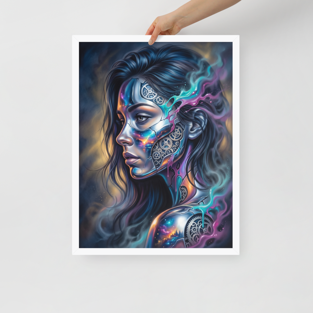 'Cosmic Clockwork' — a Surrealism print. A surreal cyberpunk portrait of a woman with gears and galaxies inside her face for a game room, framed by glowing teal and pink smoke.