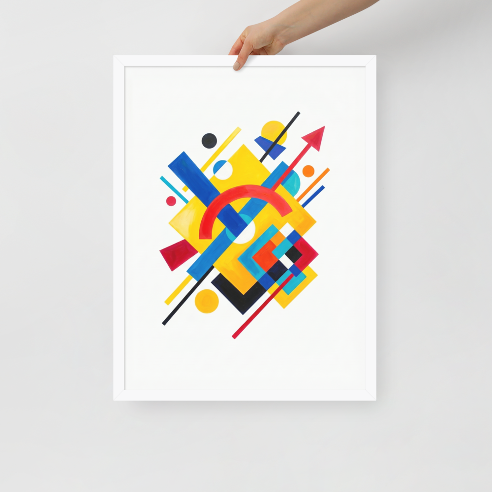 'Directional Energy' — a Suprematism print. A vivid abstract painting featuring overlapping geometric shapes like rectangles, circles, and an arrow in primary colors, a bold addition to a Living Room.