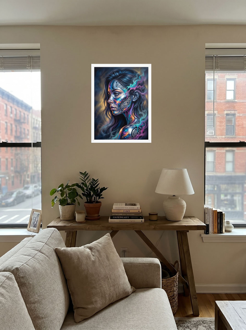 A 18x24 inch white framed Surrealism print of 'Cosmic Clockwork' displayed in the center of a living room.