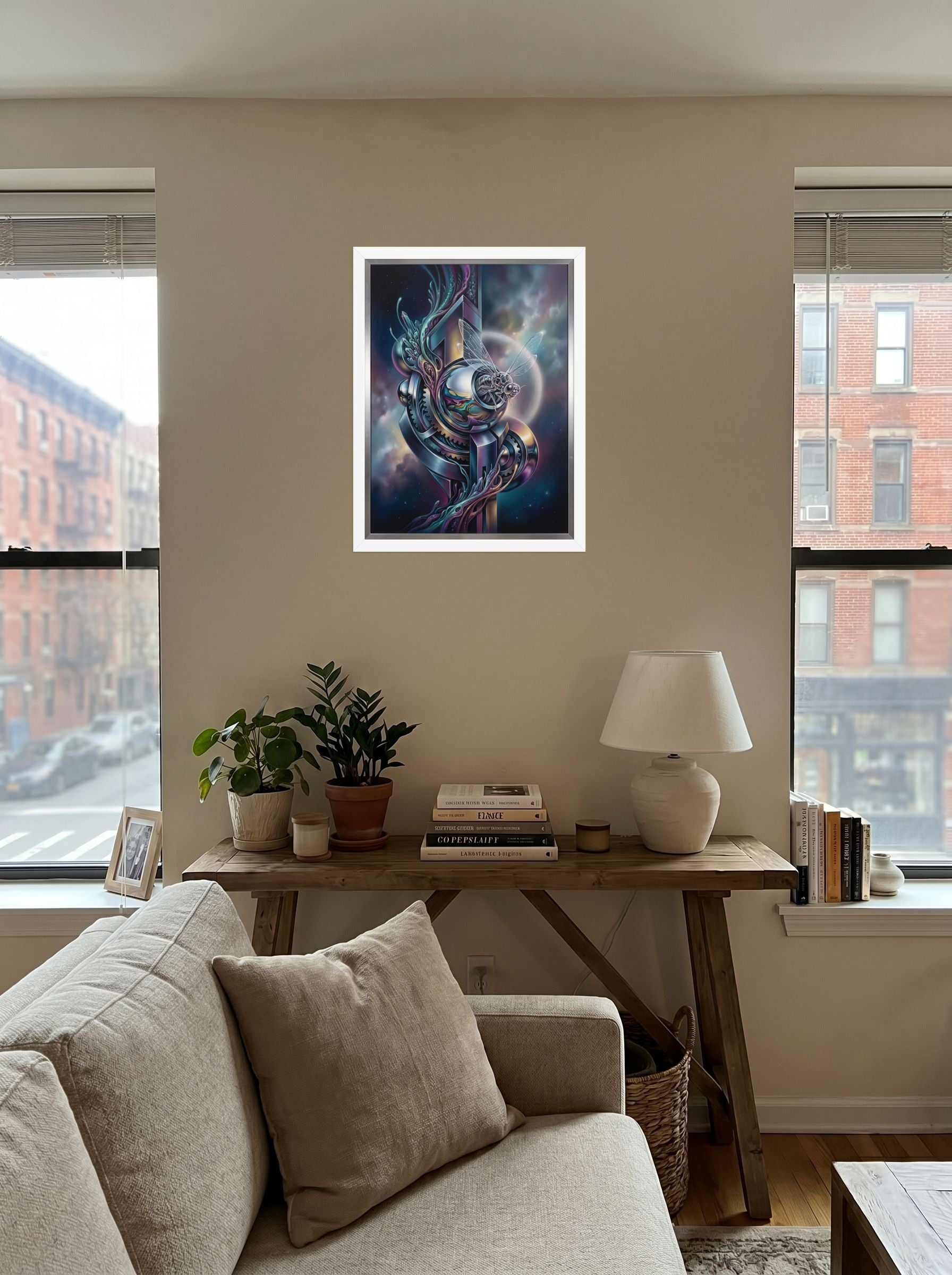 A 18x24 inch white framed Surrealism print of 'The Clockwork Aviator' displayed in the center of a living room.