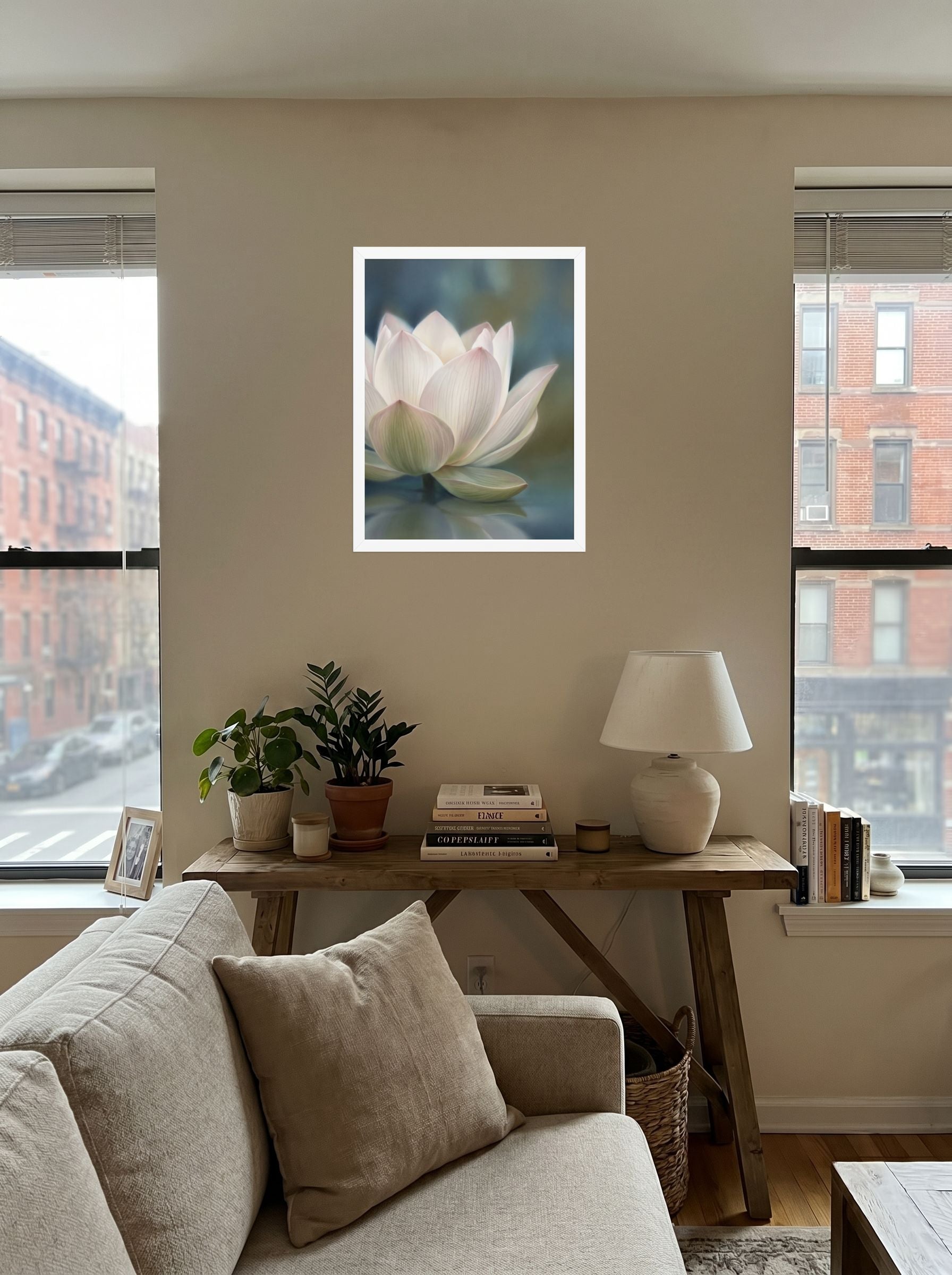 A 18x24 inch white framed Realism print of 'Serene Lotus Reflection' displayed in the center of a living room.