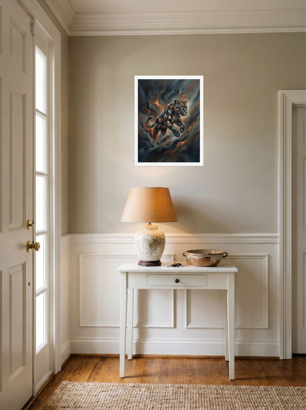 A 18x24 inch white framed Digital art print of 'Phantom Leap' hanging in an entryway near a console.