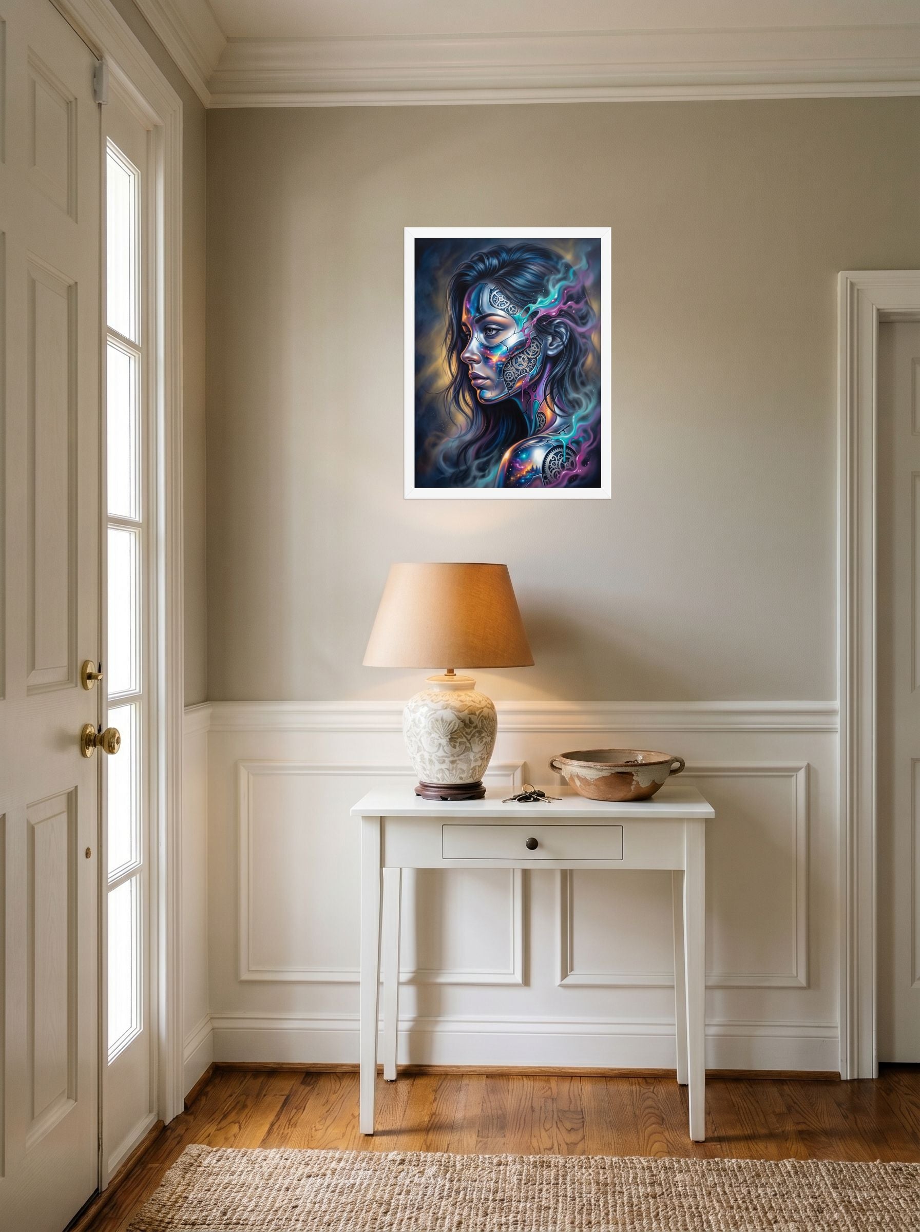 A 18x24 inch white framed Surrealism print of 'Cosmic Clockwork' hanging in an entryway near a console.