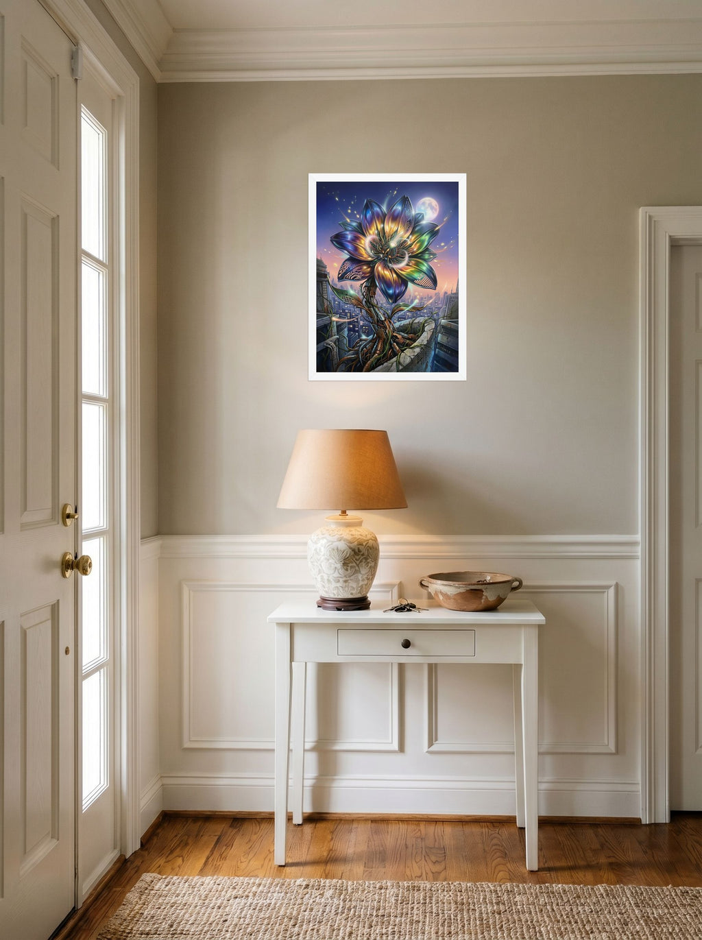 A 18x24 inch white framed Digital art print of 'Cybernetic Bloom' hanging in an entryway near a console.