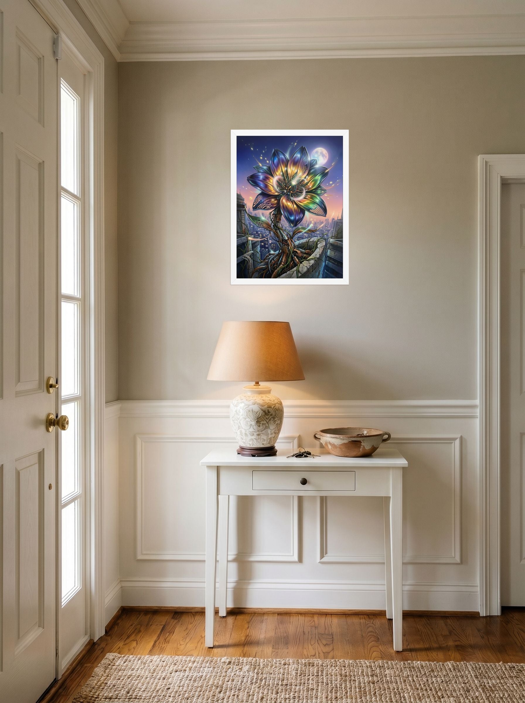 A 18x24 inch white framed Digital art print of 'Cybernetic Bloom' hanging in an entryway near a console.