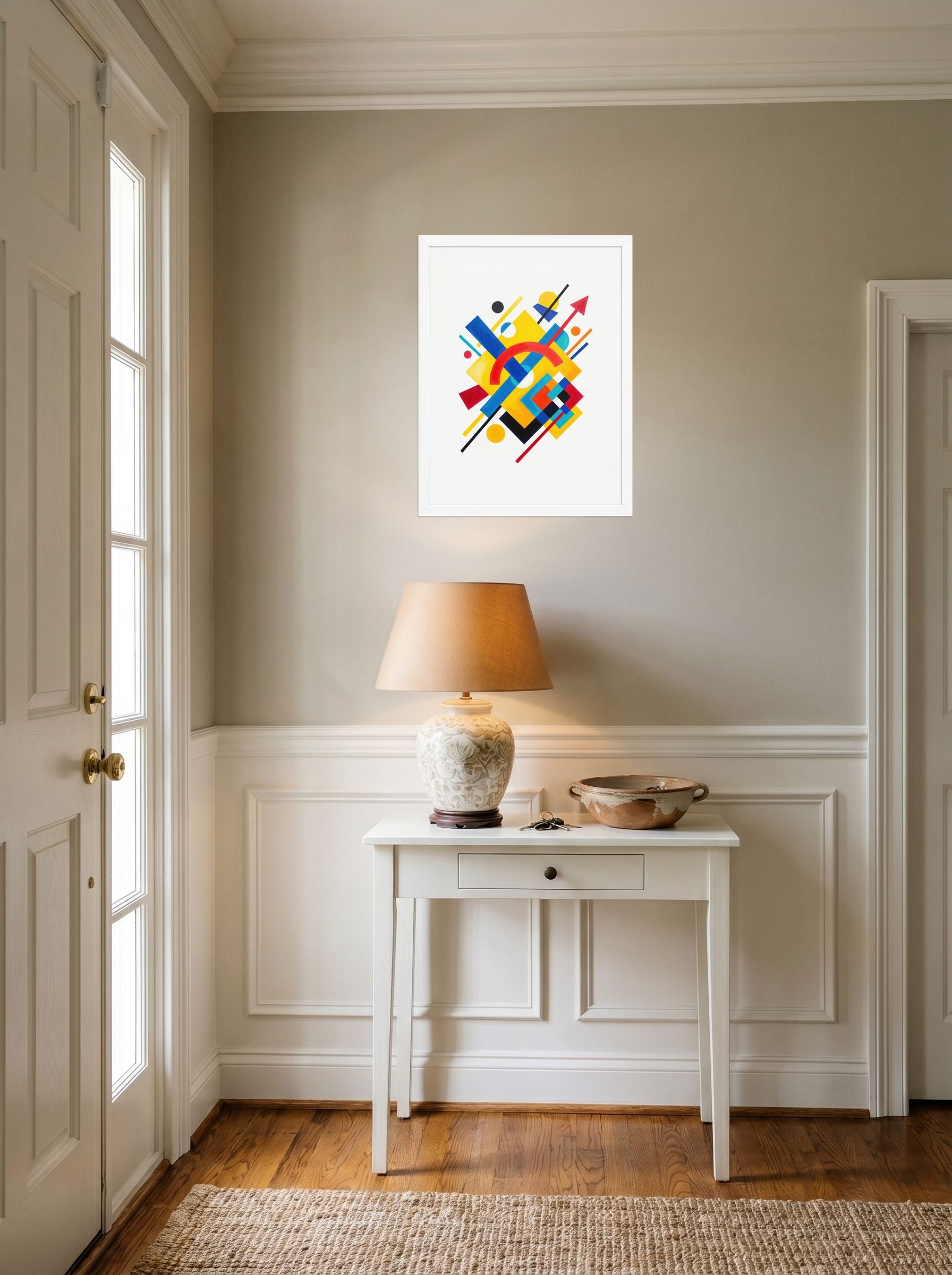 A 18x24 inch white framed Suprematism print of 'Directional Energy' hanging in an entryway near a console.